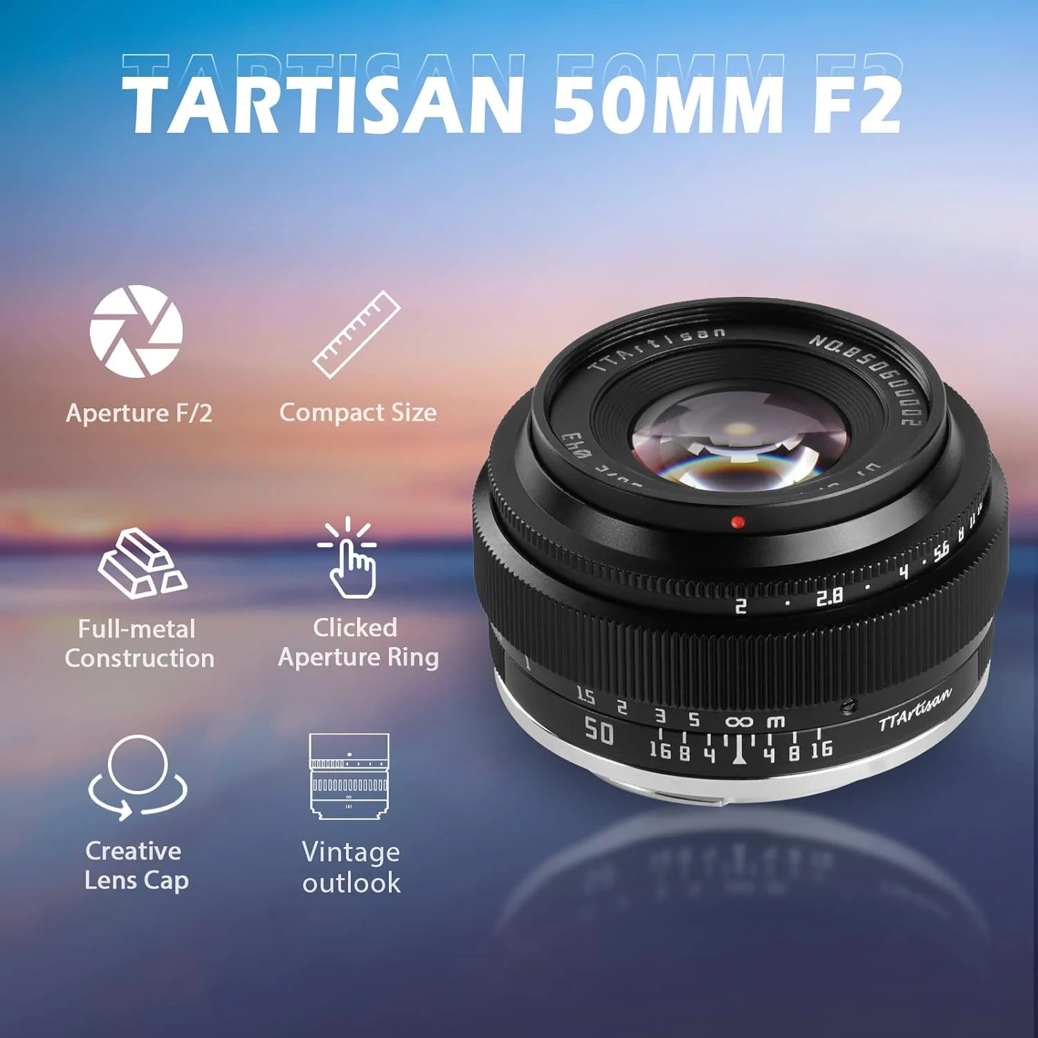 لنز 50mm F2 فول فریم با فوکوس دستی TTartisan، سازگار با دوربین های Sony E-Mount مدل های A7 A7II A7III A7R A7RII A7RIII A7RIV A7S A7SII A7SIII A9 A6400 A6000 A6600 A6100 A6500 A6300 (مشکی)