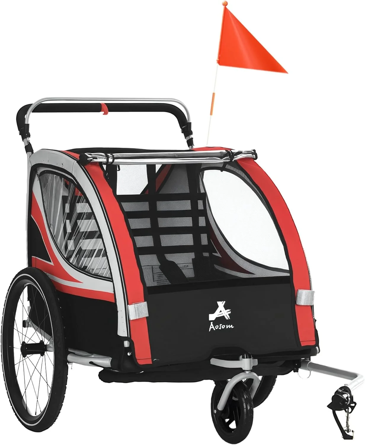تریلر دوچرخه کودک 3 در 1 Aosom برای پیاده روی/دویدن/سواری، مناسب برای 2 کودک، کالسکه دوچرخه با دید بالا برای واگن کودک نوپا، لوازم جانبی تریلر دوچرخه دوتایی مقاوم در برابر آب و هوا برای کودکان