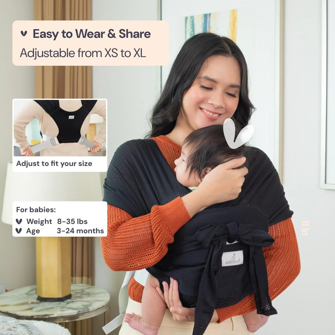 آغوشی نوزاد BabbleRoo - آغوشی نوزاد ضروری، ایمن و راحت، تنفس پذیر، استفاده آسان، قابل تنظیم از XS تا XXL، تقویت پیوند والدین و فرزند، مشکی
