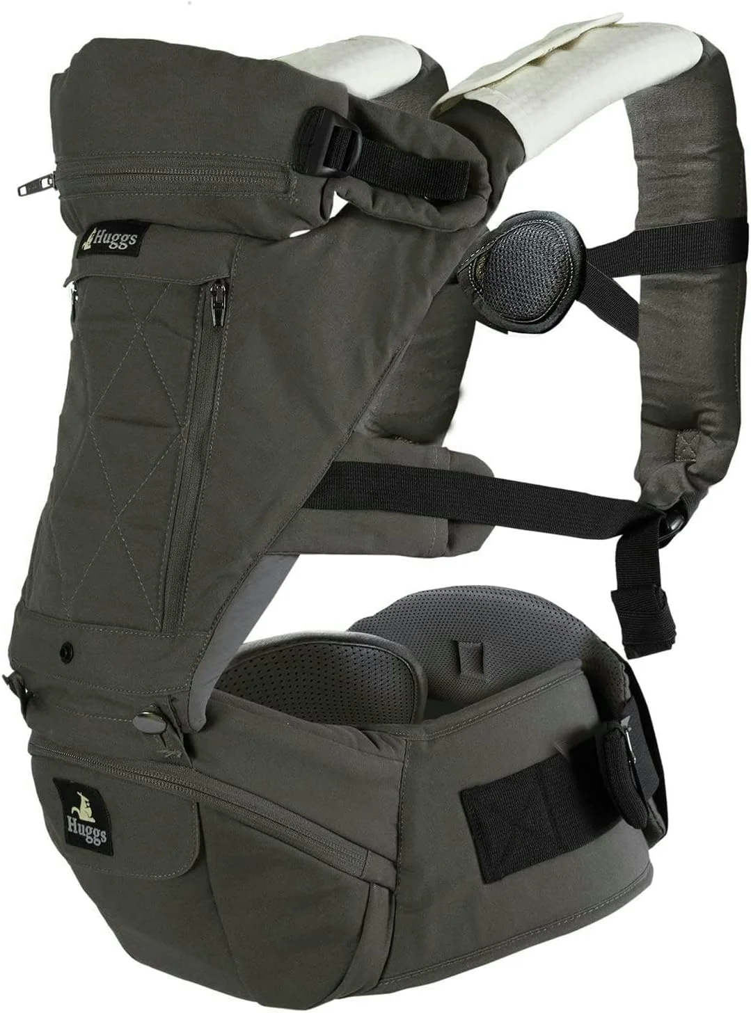 آغوشی نوزاد Abiie HUGGS با نشیمنگاه - تایید شده توسط استانداردهای ایمنی ایالات متحده - موقعیت نشستن سالم (موقعیت M) - رو به جلو، آغوشی باسن، آغوشی پشتی نوزاد - 100% پنبه (خاکستری)