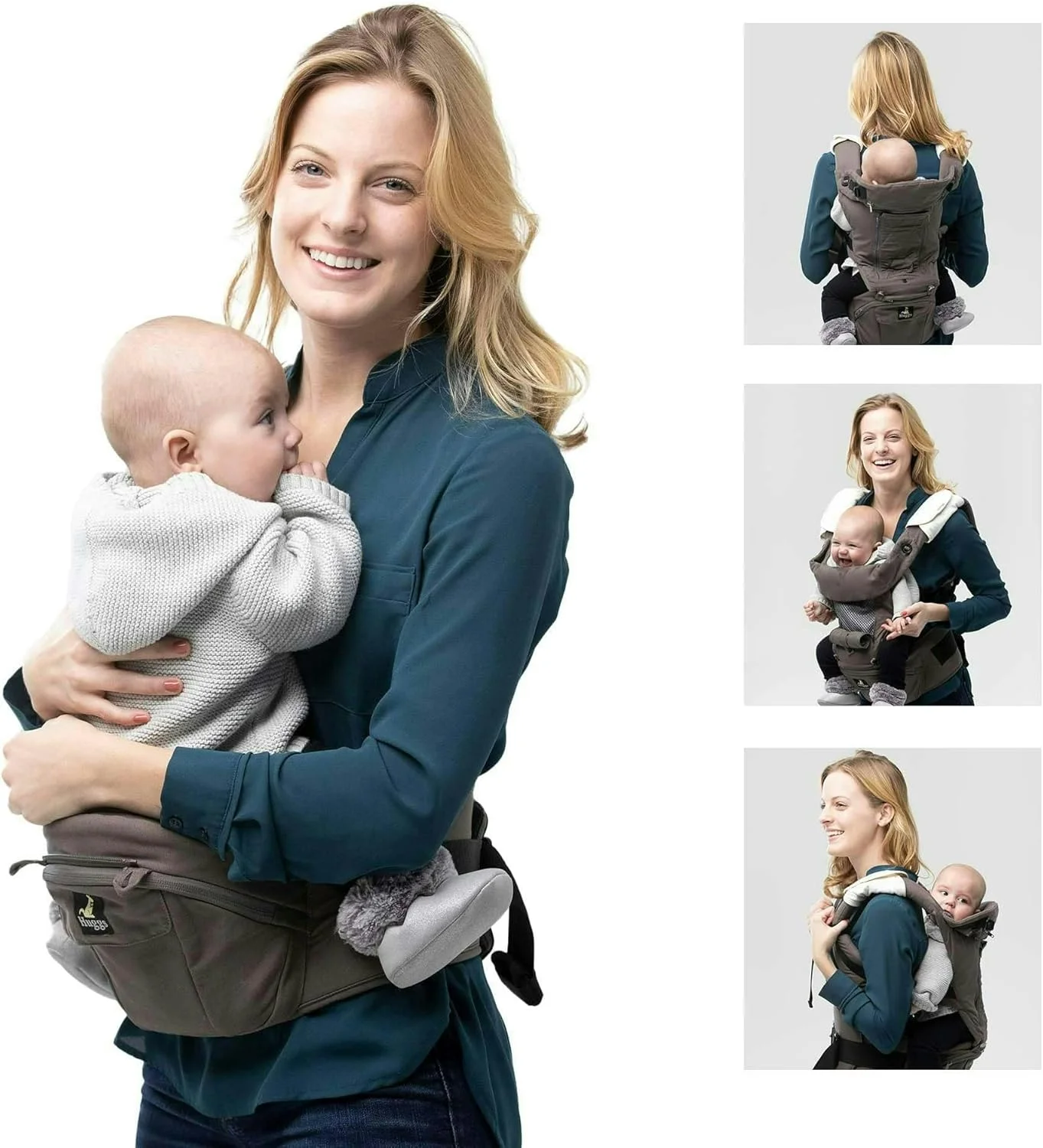 آغوشی نوزاد Abiie HUGGS با نشیمنگاه - تایید شده توسط استانداردهای ایمنی ایالات متحده - موقعیت نشستن سالم (موقعیت M) - رو به جلو، آغوشی باسن، آغوشی پشتی نوزاد - 100% پنبه (خاکستری)