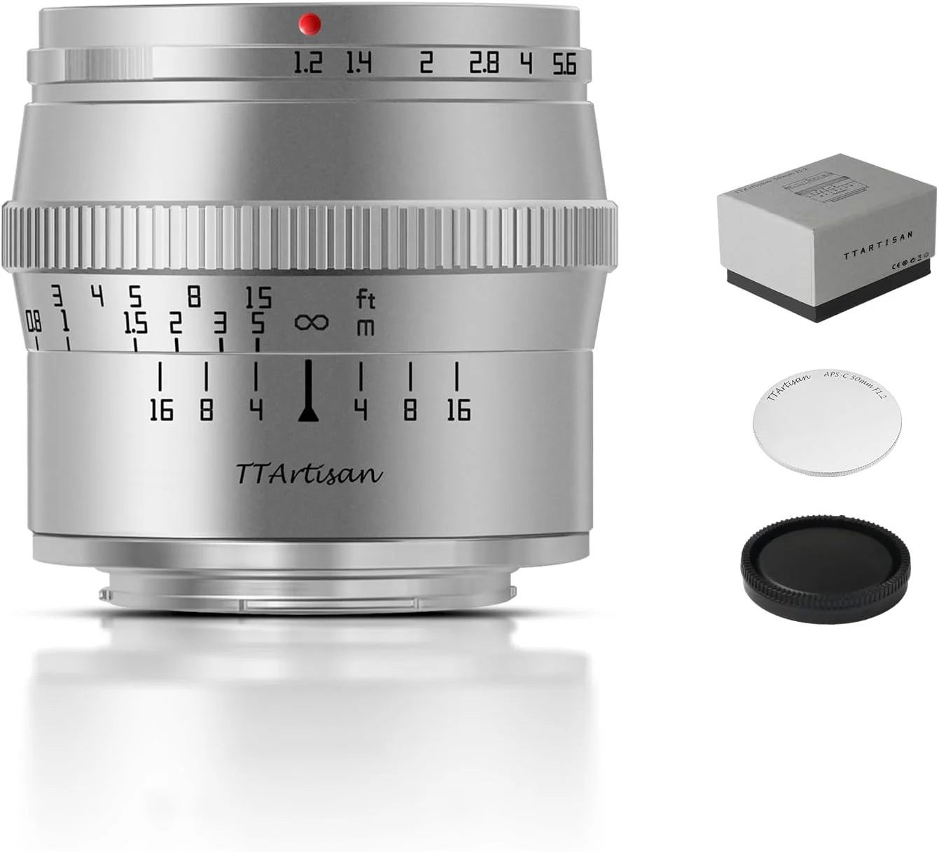 لنز نقره ای 50mm F1.2 APS-C با فوکوس دستی TTArtisan برای دوربین های Sony E Mount مانند A5000 A5100 A6000 A6100 A6300 A6400 A6500 A6600 NEX-3 NEX-3N NEX-3R NEX-5T NEX-5R NEX-5 NEX-5N NEX-7 NEX-5C