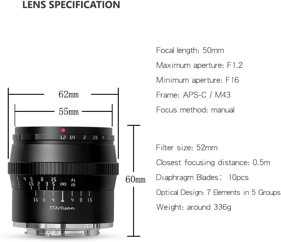 لنز دوربین TTArtisan 50mm F1.2 APS-C با دیافراگم بزرگ و فوکوس دستی سازگار با دوربین های فوجی X Mount