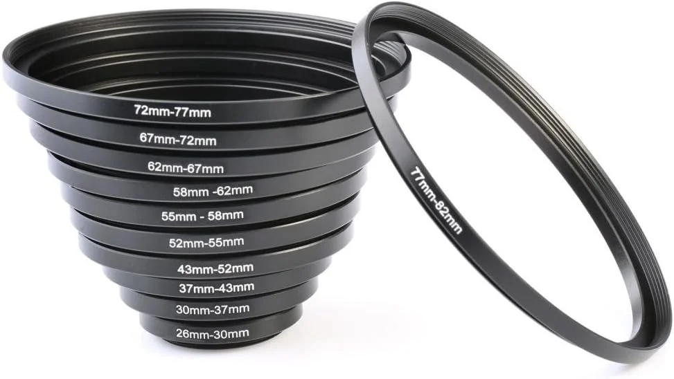 مجموعه حلقه های تبدیل سایز لنز فلزی 11 عددی K&F Concept شامل حلقه های افزایش سایز 26-30MM، 30-37MM، 37-43MM، 43-52MM، 52-55MM، 55-58MM، 58-62MM، 62-67MM، 67-72MM، 72-77MM، 77-82MM سازگار با لنز دوربین های DSLR کانن و نیکون