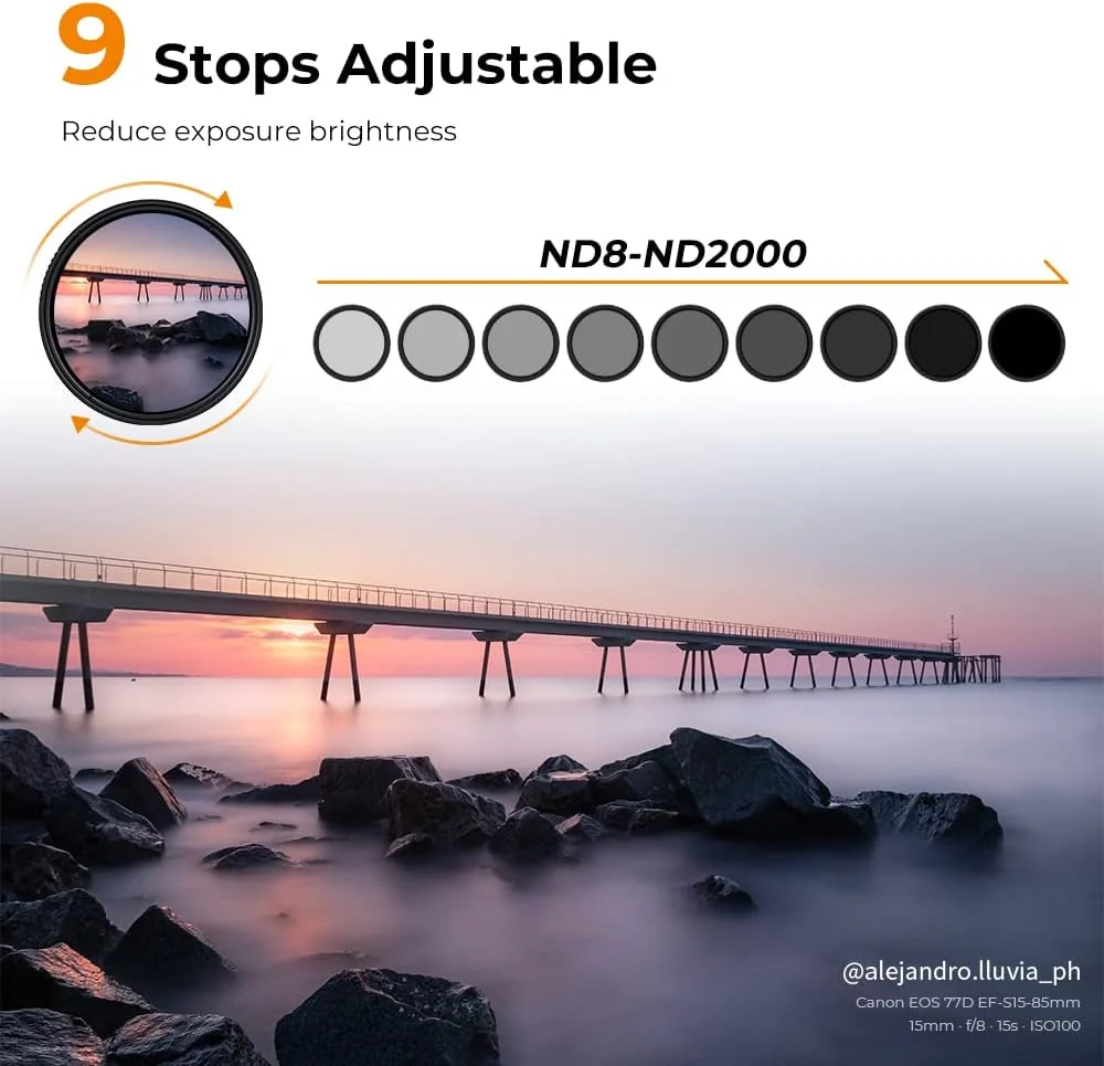 K&F CONCEPT 52mm Variable Neutral Density Lens Filter ND8-ND2000 (3-11stop) Waterproof Adjustable ND Lens Filter with 24 Multi-Layer Coatings for Camera Lens (D-Series) K&F CONCEPT 52mm Variable Neutral Density Lens Filter ND8-ND2000 (3-11stop) Waterproof Adjustable ND Lens Filter with 24 Multi-Layer Coatings for Camera Lens (D-Series)