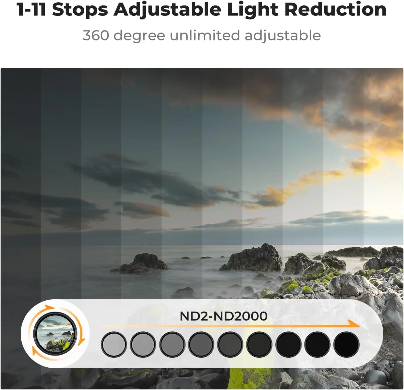 فیلتر ND متغیر 72 میلی‌متری ND2-2000 (1 تا 11 استاپ) لنز دوربین K&F Concept - فیلتر چگالی خنثی قابل تنظیم 18 لایه با 3 دستمال تمیز کننده وکیوم (سری K)