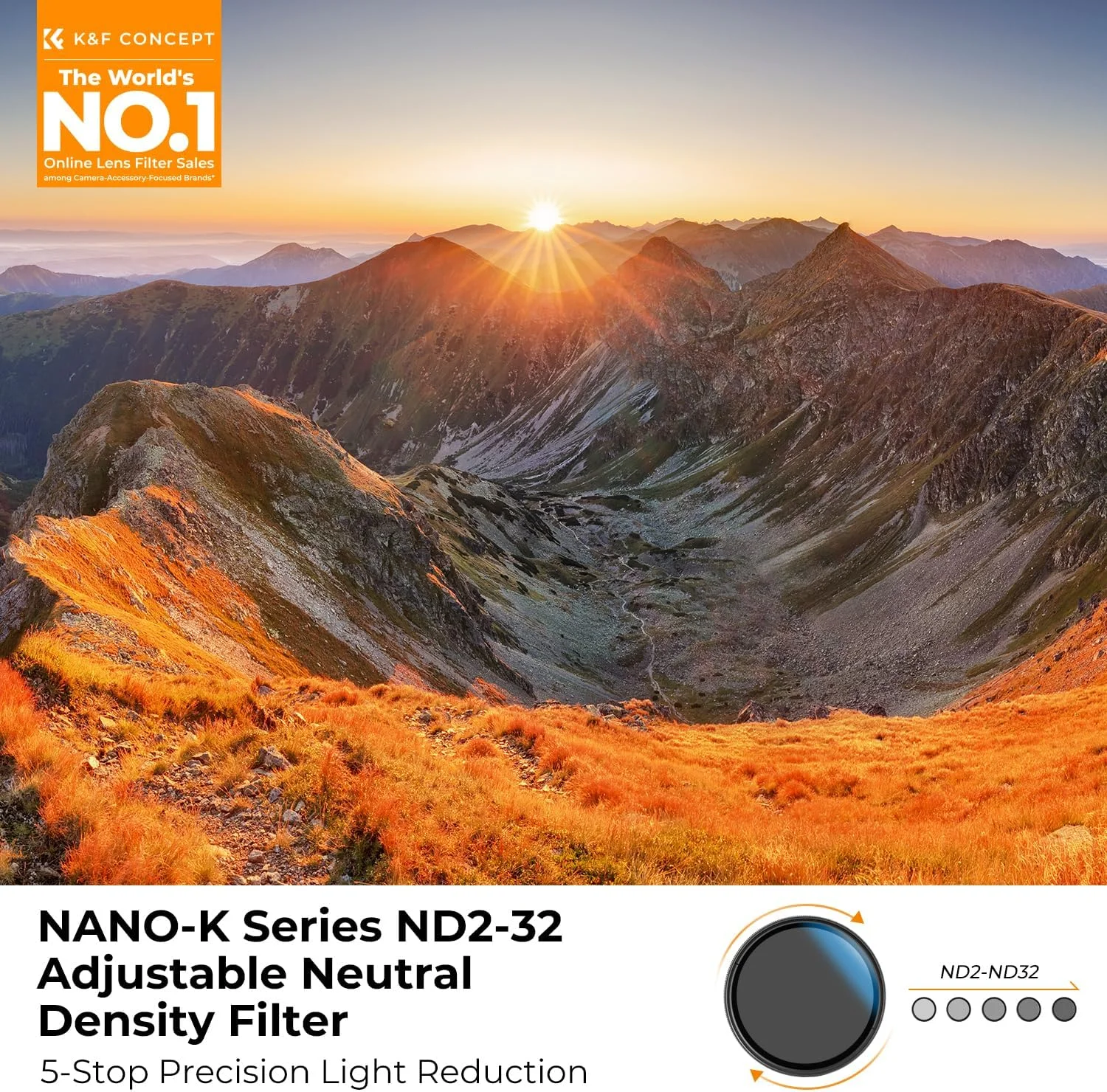 فیلتر لنز متغیر ND2-32 با قطر 67 میلی‌متر K&F Concept (کاهش نور 1 تا 5 استاپ) بدون ایجاد علامت ضربدر X، دارای 18 لایه پوشش چندگانه برای لنز دوربین (سری K)