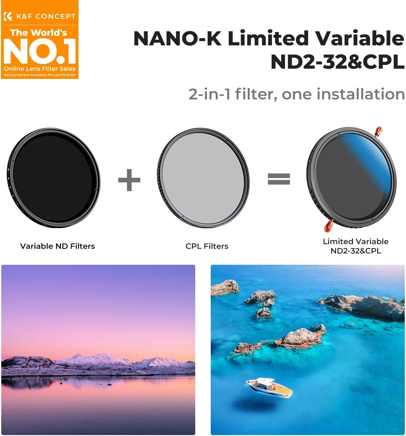 فیلتر ND2-32 متغیر 40.5 میلی‌متری K&F Concept (1-5 استاپ) و فیلتر پلاریزه دایره‌ای در 1 فیلتر پلاریزه با چگالی خنثی قابل تنظیم با 18 پوشش چند لایه برای لنز دوربین (سری K)