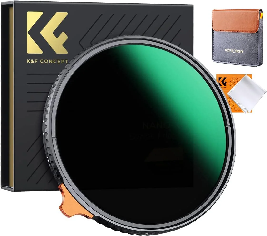 فیلتر ND متغیر 82 میلی‌متری ND2-ND400 نانو-X (9 استاپ) K&F Concept با دستگیره، دارای 28 لایه پوشش چندگانه شیشه اپتیکال ژاپنی، فیلتر کاهنده نور قابل تنظیم برای لنز دوربین + کیف چرمی فیلتر