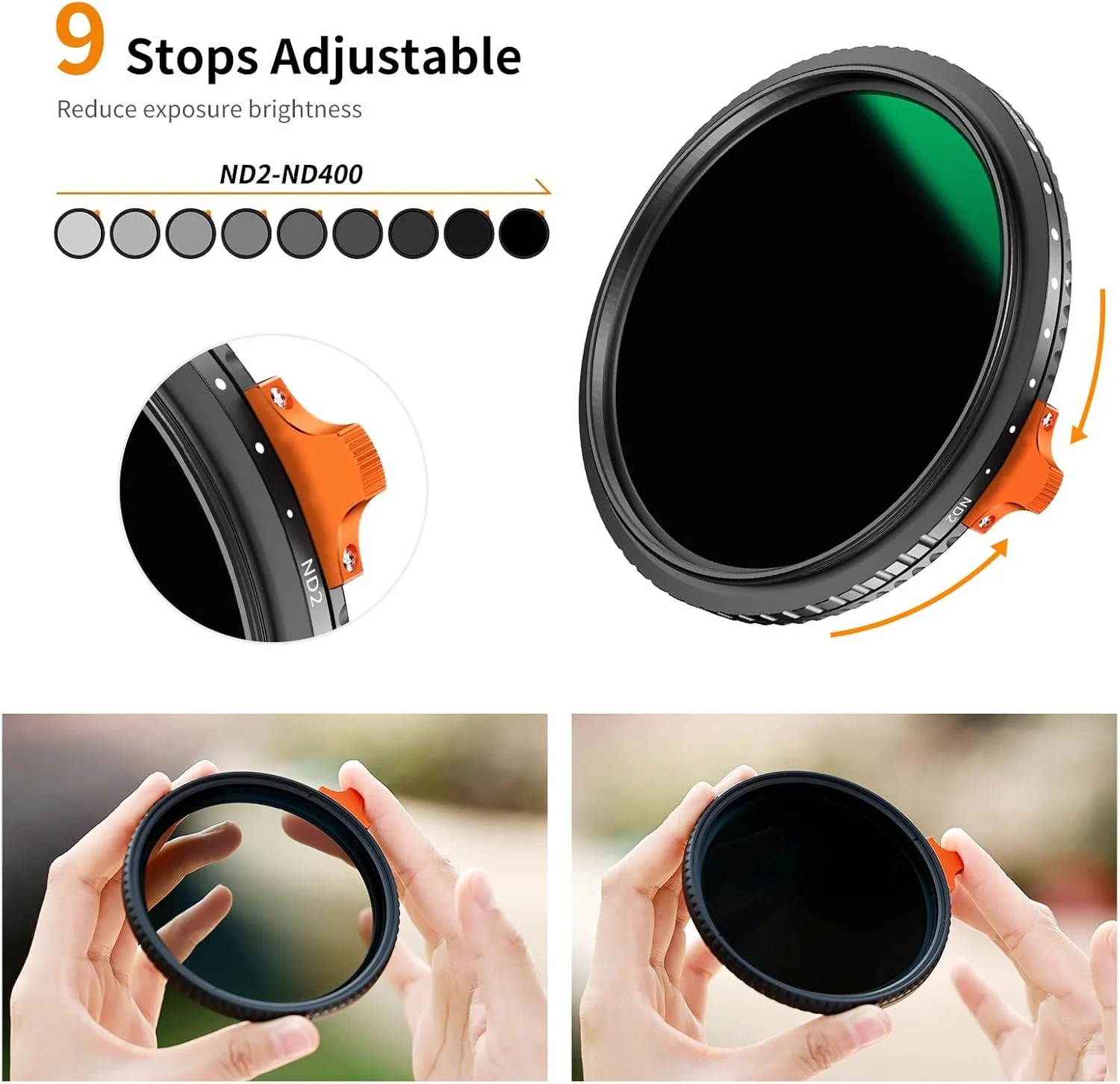 فیلتر ND متغیر 82 میلی‌متری ND2-ND400 نانو-X (9 استاپ) K&F Concept با دستگیره، دارای 28 لایه پوشش چندگانه شیشه اپتیکال ژاپنی، فیلتر کاهنده نور قابل تنظیم برای لنز دوربین + کیف چرمی فیلتر