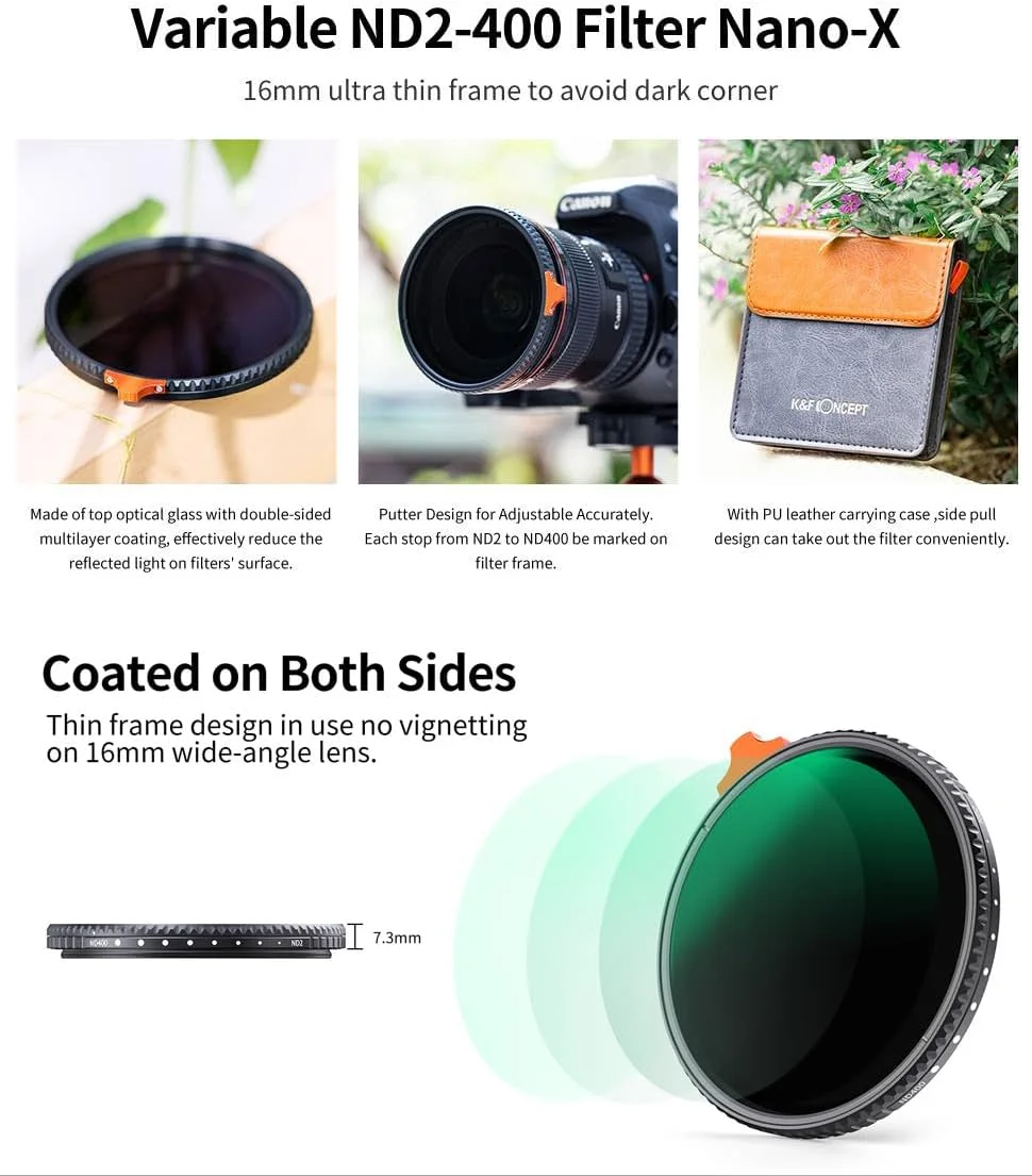 فیلتر ND متغیر 82 میلی‌متری ND2-ND400 نانو-X (9 استاپ) K&F Concept با دستگیره، دارای 28 لایه پوشش چندگانه شیشه اپتیکال ژاپنی، فیلتر کاهنده نور قابل تنظیم برای لنز دوربین + کیف چرمی فیلتر