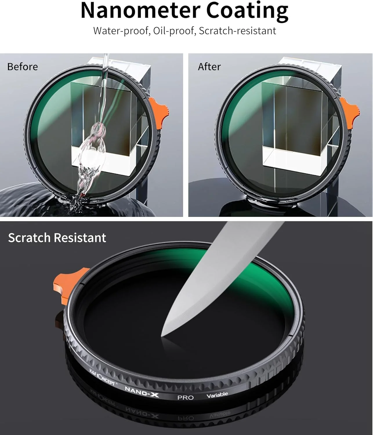 فیلتر ND متغیر 82 میلی‌متری ND2-ND400 نانو-X (9 استاپ) K&F Concept با دستگیره، دارای 28 لایه پوشش چندگانه شیشه اپتیکال ژاپنی، فیلتر کاهنده نور قابل تنظیم برای لنز دوربین + کیف چرمی فیلتر