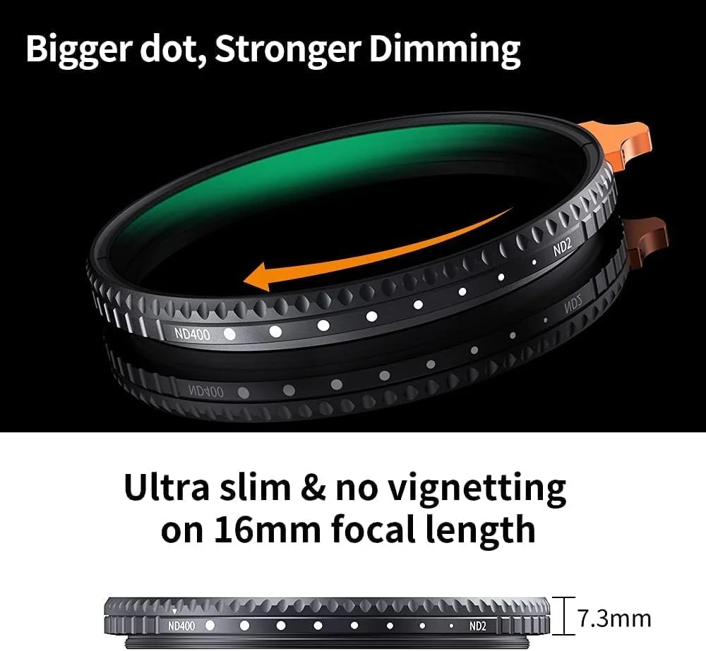 فیلتر ND متغیر 82 میلی‌متری ND2-ND400 نانو-X (9 استاپ) K&F Concept با دستگیره، دارای 28 لایه پوشش چندگانه شیشه اپتیکال ژاپنی، فیلتر کاهنده نور قابل تنظیم برای لنز دوربین + کیف چرمی فیلتر