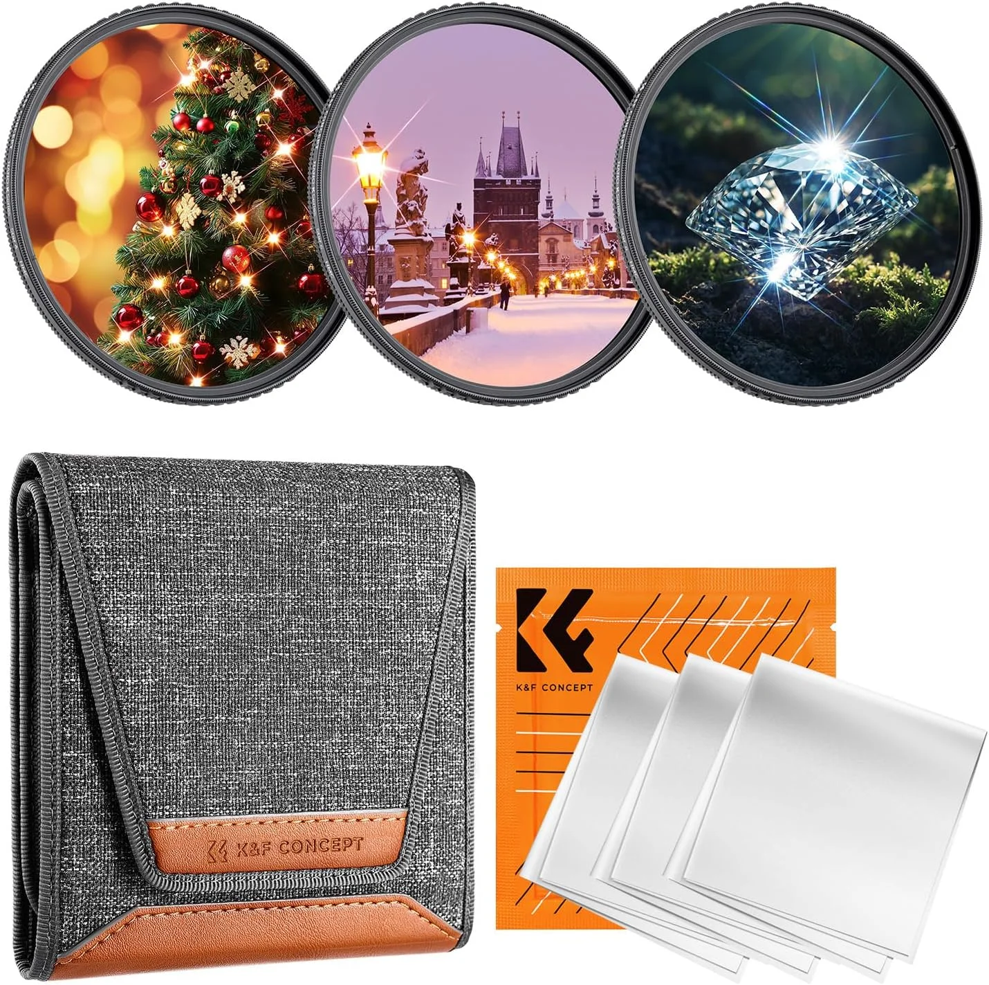 کیت فیلتر ستاره ای 67 میلی متری K&F Concept (3 عدد) 4 نقطه، 6 نقطه، 8 نقطه فیلترهای استاربورست صفحه متقاطع - پوشش 18 لایه شیشه نوری فوق العاده نازک فیلتر لنز دوربین به همراه 3 عدد دستمال تمیز کننده