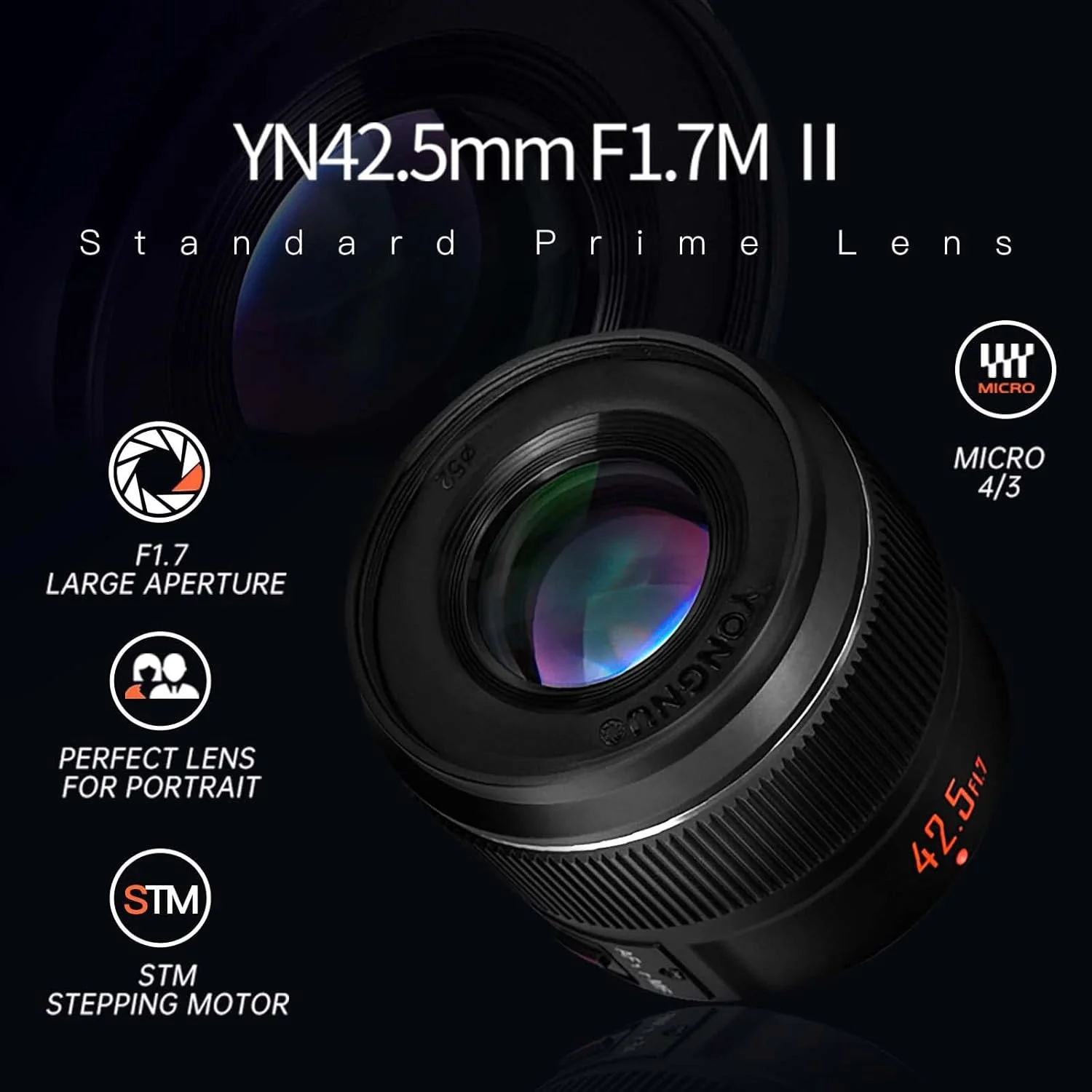 لنز پرایم ثابت یونگنو YN42.5MM F1.7M II با فوکوس خودکار متوسط، برای دوربین های میکرو چهار سوم، سازگار با المپوس پاناسونیک - مشکی لنز پرایم ثابت یونگنو YN42.5MM F1.7M II با فوکوس خودکار متوسط، برای دوربین های میکرو چهار سوم، سازگار با المپوس پاناسونیک - مشکی