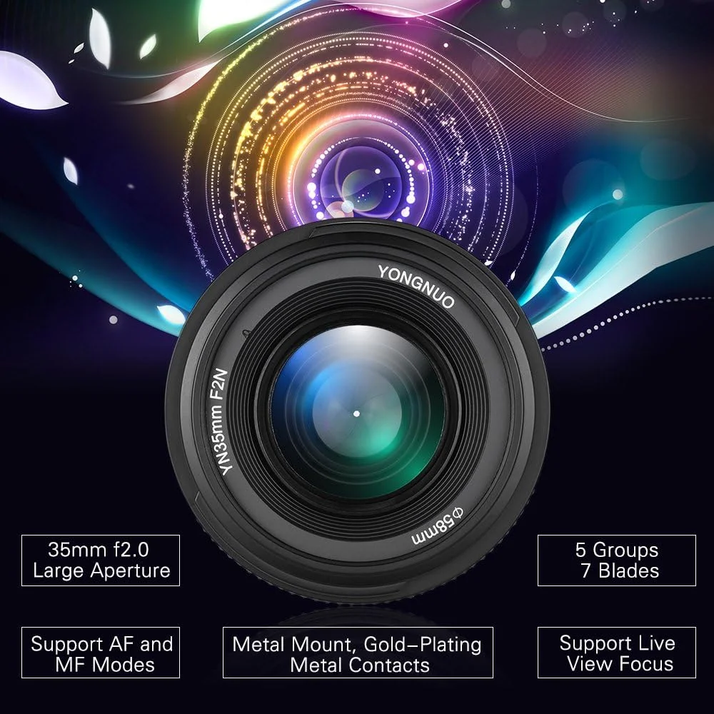 لنز زاویه باز یونگنو Yn35mm F2N F2.0 با فوکوس ثابت Af/Mf و مانت F برای دوربین های نیکون D7200 D7100 D7000 D5300 D5100 D3300 D3200 D3100 D800 D600 D300S D300 D90 D5500 D3400 D500 Dslr با فاصله کانونی 35mm لنز زاویه باز یونگنو Yn35mm F2N F2.0 با فوکوس ثابت Af/Mf و مانت F برای دوربین های نیکون D7200 D7100 D7000 D5300 D5100 D3300 D3200 D3100 D800 D600 D300S D300 D90 D5500 D3400 D500 Dslr با فاصله کانونی 35mm