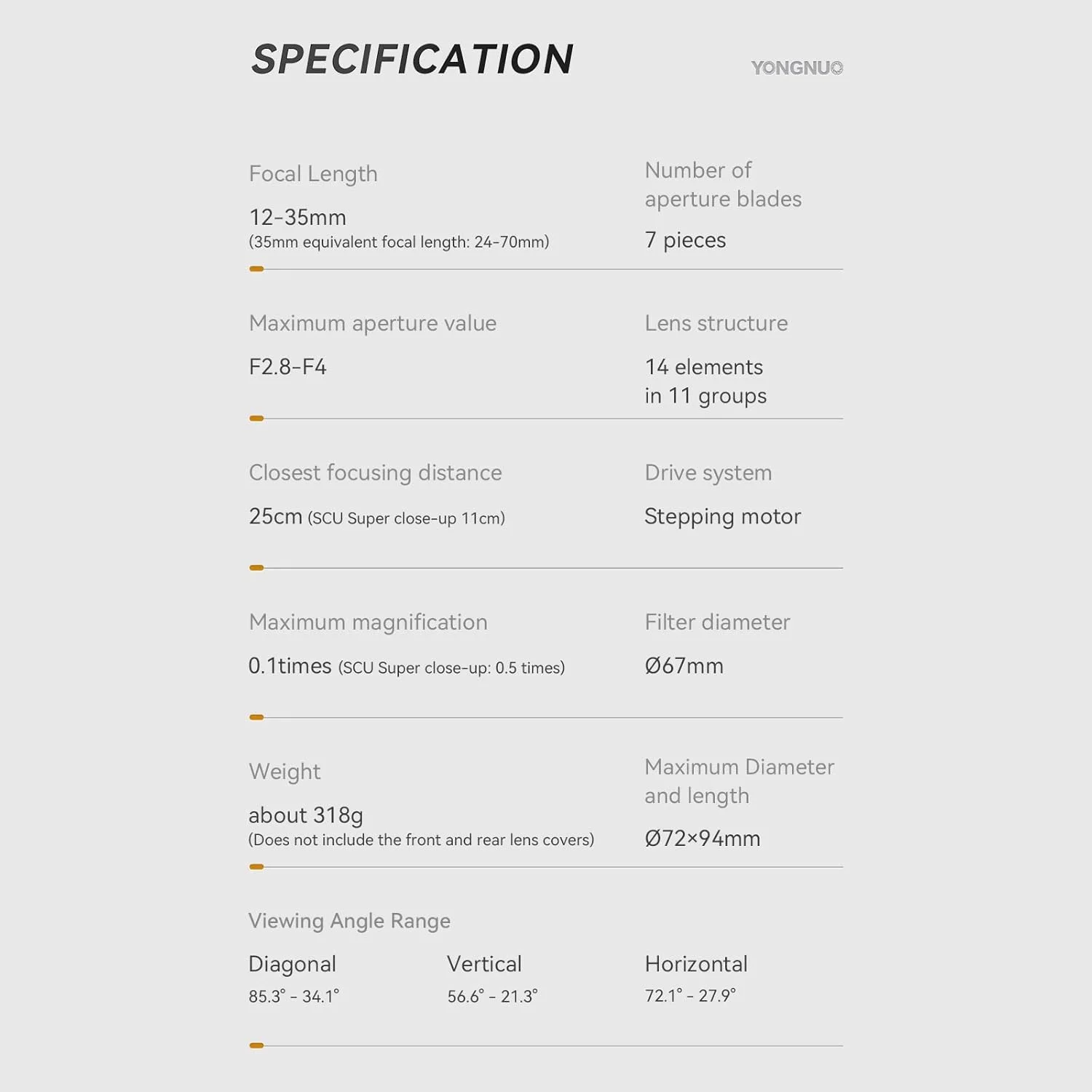 لنز زوم استاندارد YONGNUO YN12-35mm F2.8-4M، ASPH با فوکوس خودکار برای دوربینهای میکرو چهار سوم پاناسونیک LUMIX لنز زوم استاندارد YONGNUO YN12-35mm F2.8-4M، ASPH با فوکوس خودکار برای دوربینهای میکرو چهار سوم پاناسونیک LUMIX