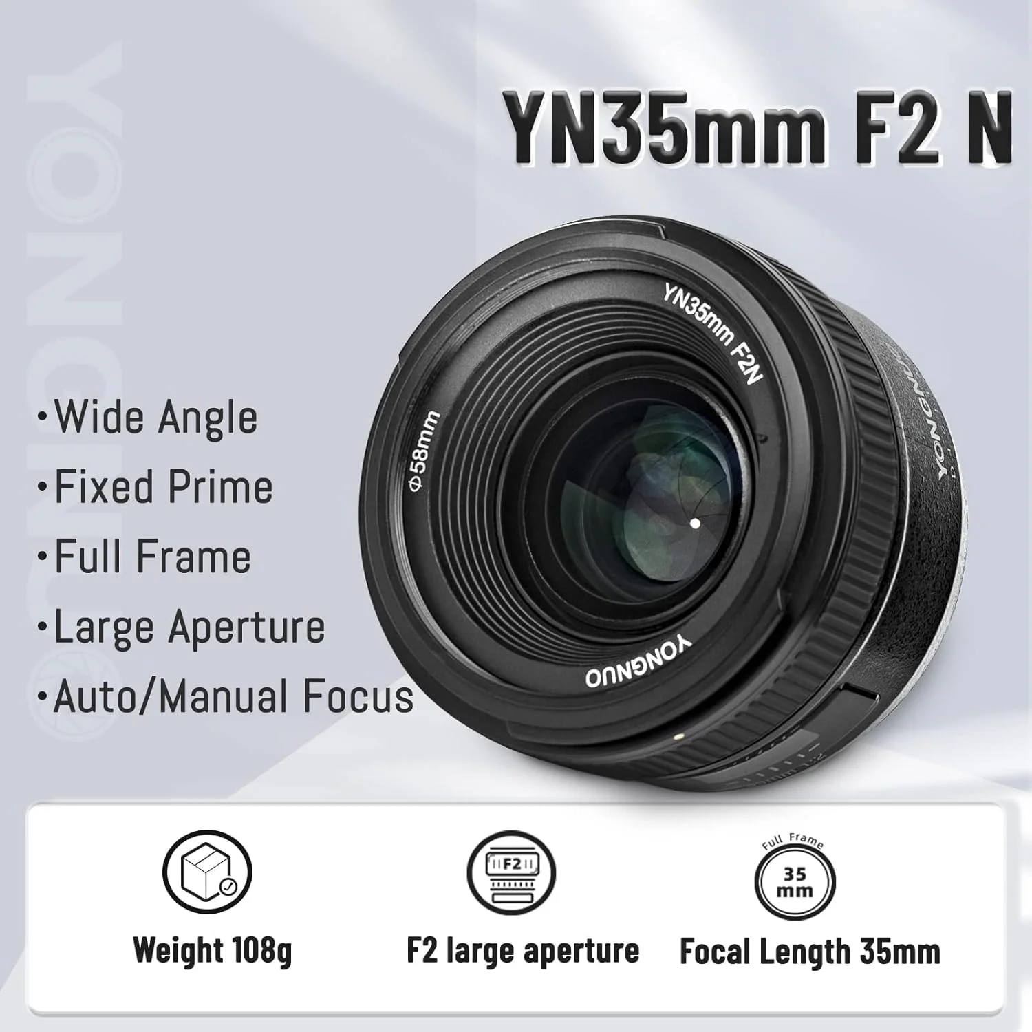 لنز واید انگل و فوکوس ثابت یونگنو YONGNUO YN35mm F2N با دیافراگم 1:2 و قابلیت فوکوس خودکار و دستی برای دوربین های DSLR نیکون لنز واید انگل و فوکوس ثابت یونگنو YONGNUO YN35mm F2N با دیافراگم 1:2 و قابلیت فوکوس خودکار و دستی برای دوربین های DSLR نیکون