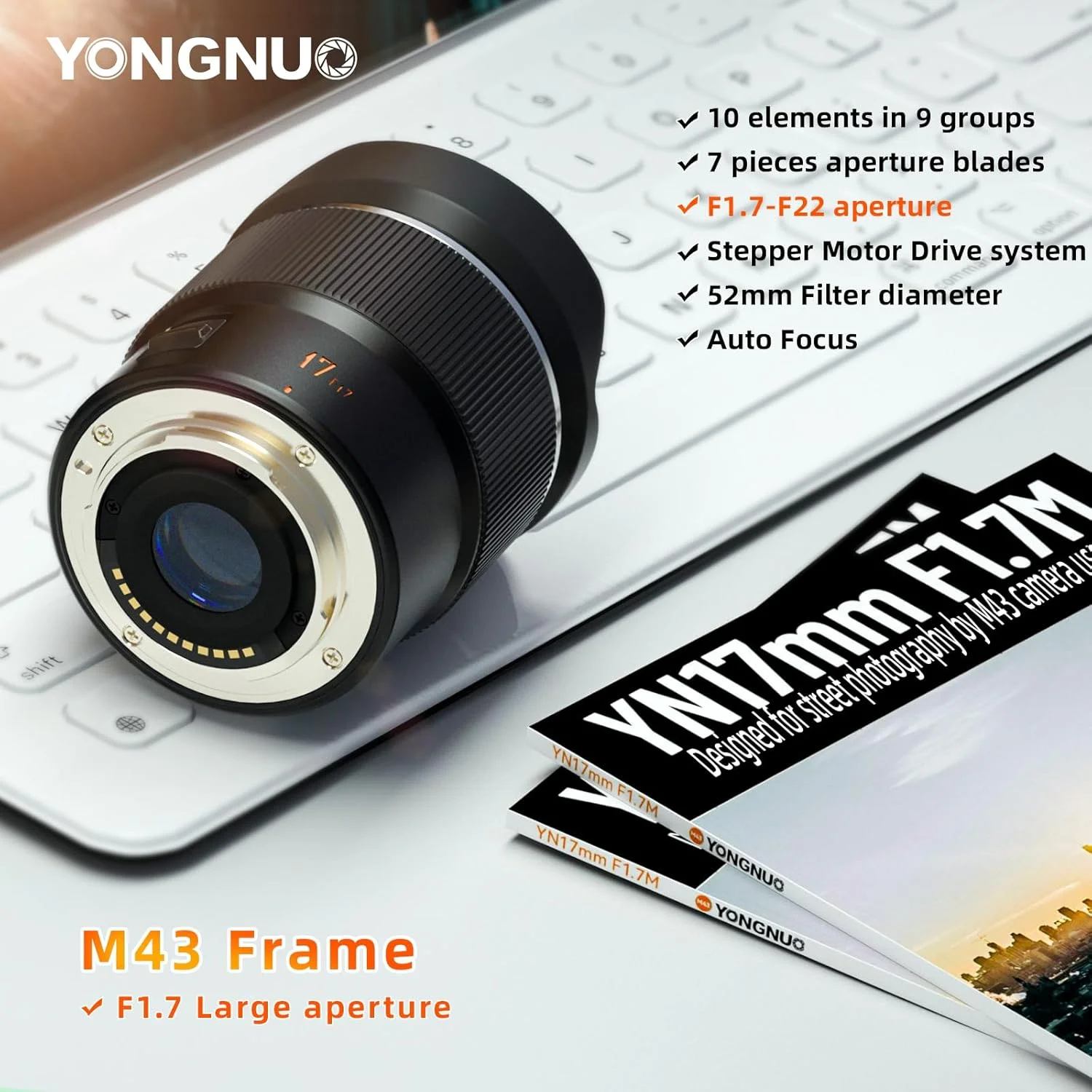 لنز YONGNUO YN17MM F1.7M برای مانت M43، لنز استاندارد پرایم 17 میلیمتری F1.7 با فوکوس خودکار، MFT Micro Four Thirds برای دوربینهای بدون آینه لنز YONGNUO YN17MM F1.7M برای مانت M43، لنز استاندارد پرایم 17 میلیمتری F1.7 با فوکوس خودکار، MFT Micro Four Thirds برای دوربینهای بدون آینه