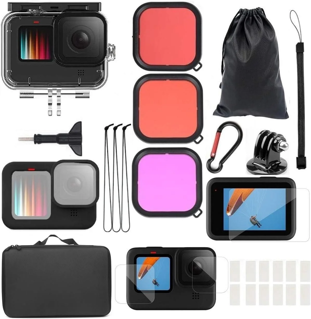 مجموعه لوازم جانبی دوربین اکشن eWINNER برای Gopro Hero 13 12 11 10 9 black شامل: قاب ضد آب + فیلتر لنز + کیف حمل ضد آب + محافظ صفحه نمایش و لنز شیشه ای حرارت دیده + کیت لوازم جانبی آستین سیلیکونی دوربین مجموعه لوازم جانبی دوربین اکشن eWINNER برای Gopro Hero 13 12 11 10 9 black شامل: قاب ضد آب + فیلتر لنز + کیف حمل ضد آب + محافظ صفحه نمایش و لنز شیشه ای حرارت دیده + کیت لوازم جانبی آستین سیلیکونی دوربین