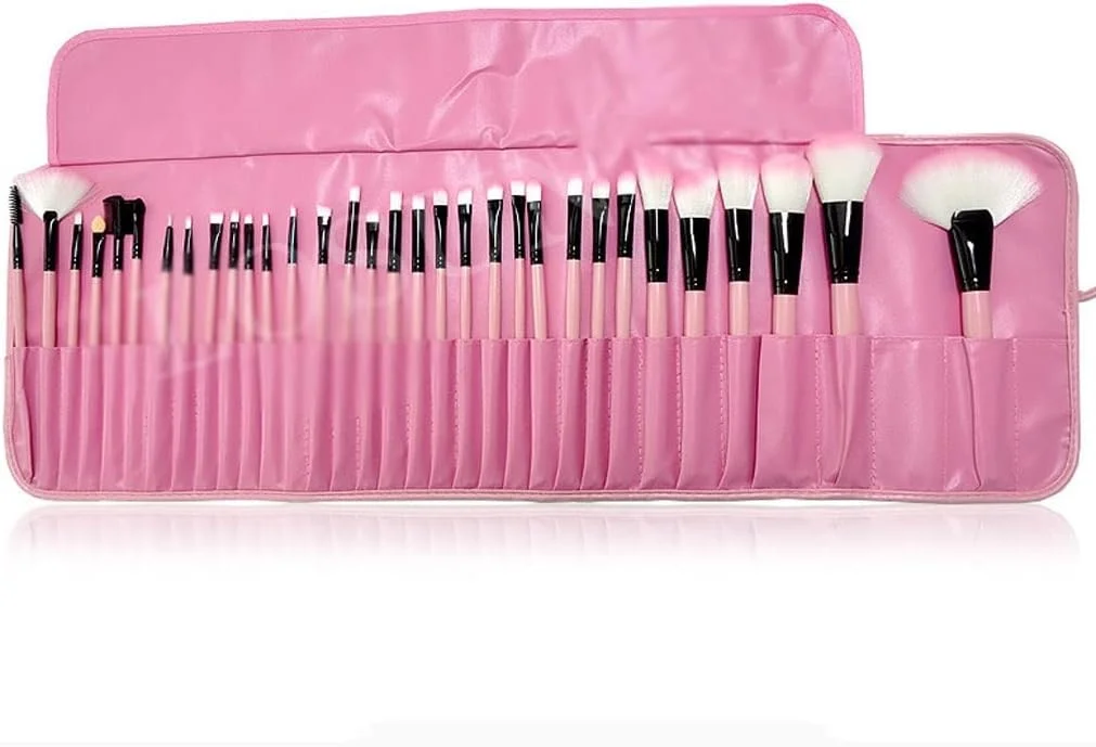 ست ۳۲ عددی برس آرایشی حرفه ای با دسته چوبی مشکی/صورتی Skipdr به همراه کیف چرمی PU، ابزار زیباسازی آرایش (رنگ: D)