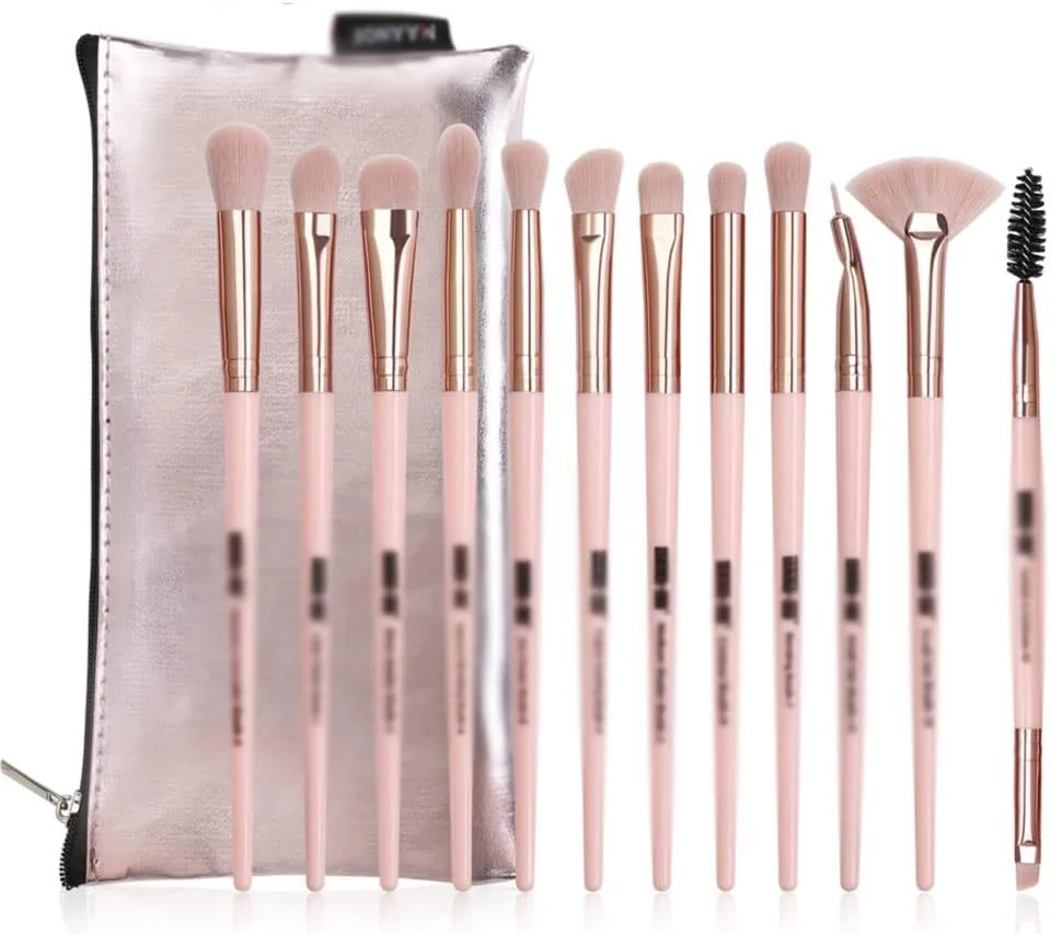 ست برس آرایشی چشم 12 عددی SKipdr با کیف لوازم آرایشی رزگلد، برس آرایشی، سایه چشم و ترکیب آرایش