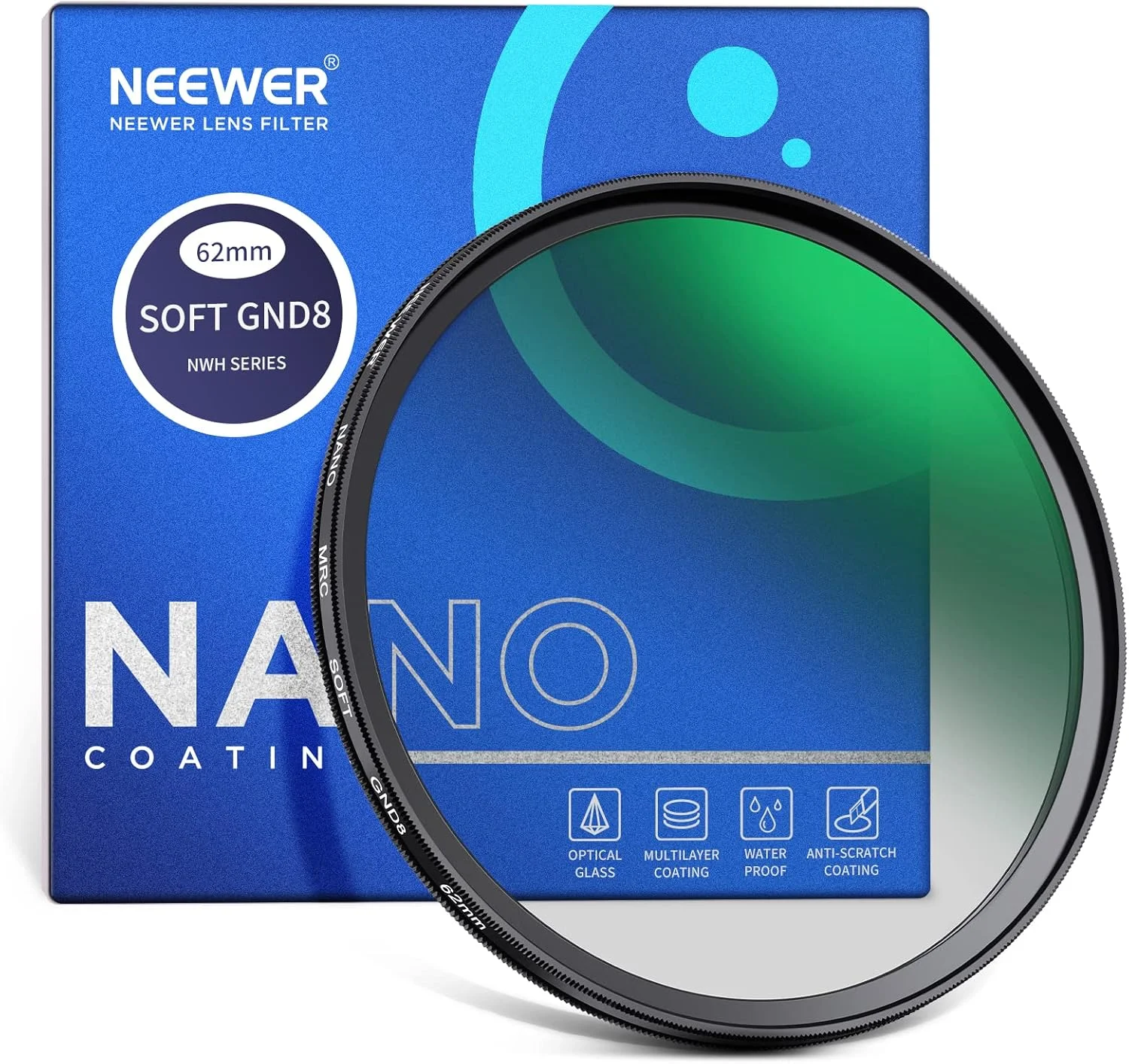 فیلتر لنز ND8 نرم NEEWER HD 62 میلی‌متری، فیلتر کاهنده نور تدریجی نرم با 3 استاپ (0.9) با پوشش نانو 30 لایه، ضد آب، ضد خش، ضد انعکاس