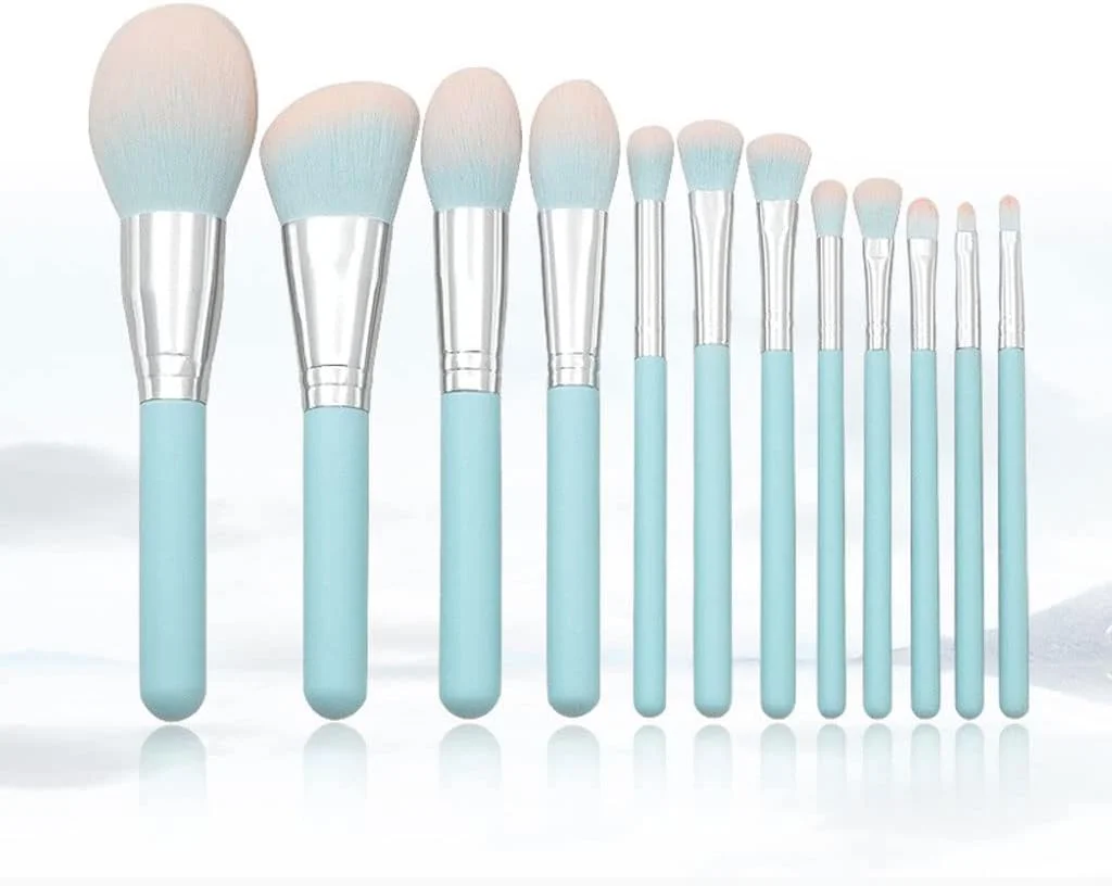 ست ۱۲ عددی برس آرایشی دسته چوبی آبی روشن Skipdr، برس پودر، برس چشم، ابزار آرایش