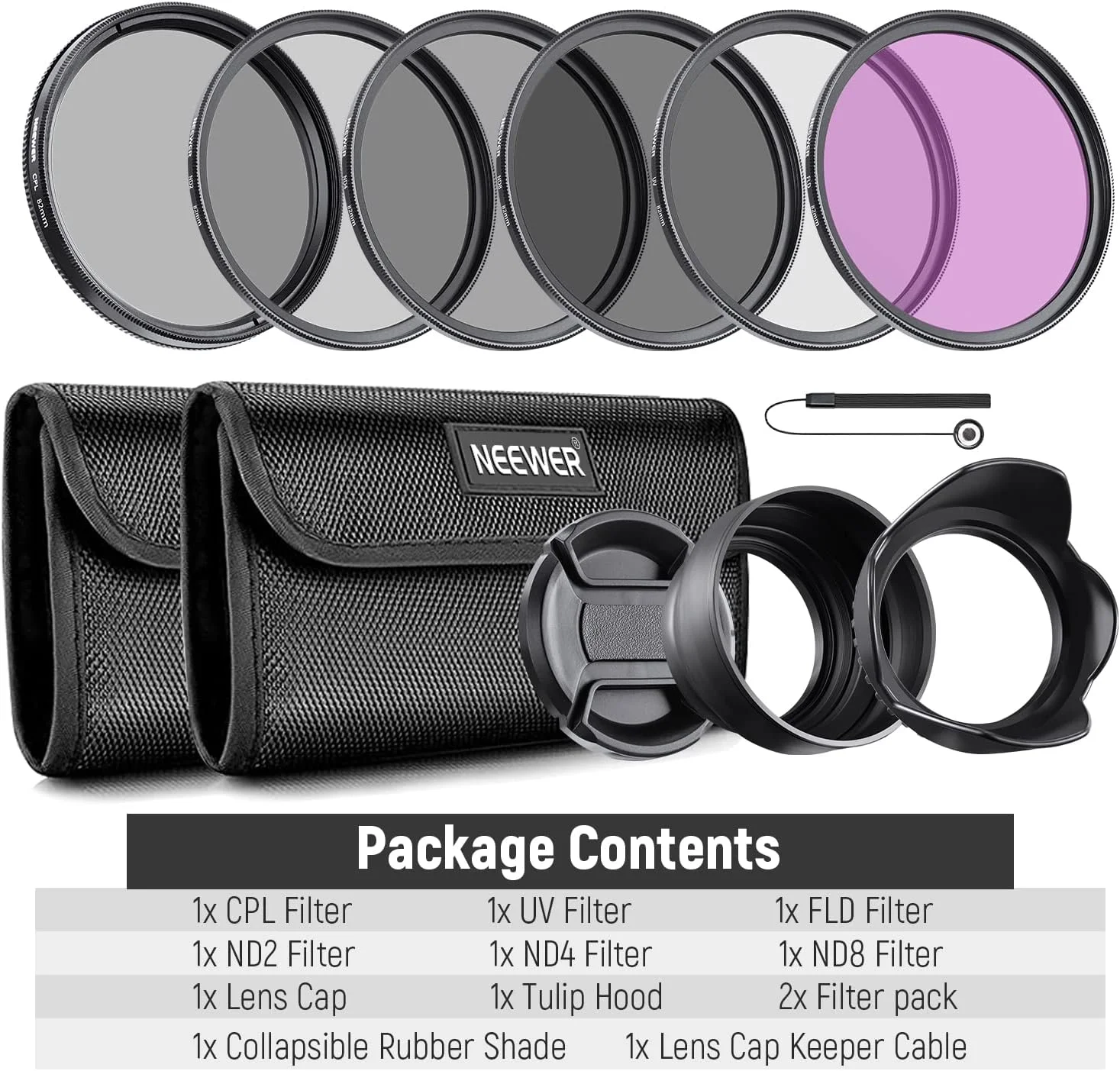 کیت فیلتر ND 82 میلی‌متری NEEWER و لوازم جانبی لنز، مجموعه فیلتر ND2 ND4 ND8 UV FLD CPL (پلاریزه دایره‌ای) با درپوش لنز/هود لنز گل لاله