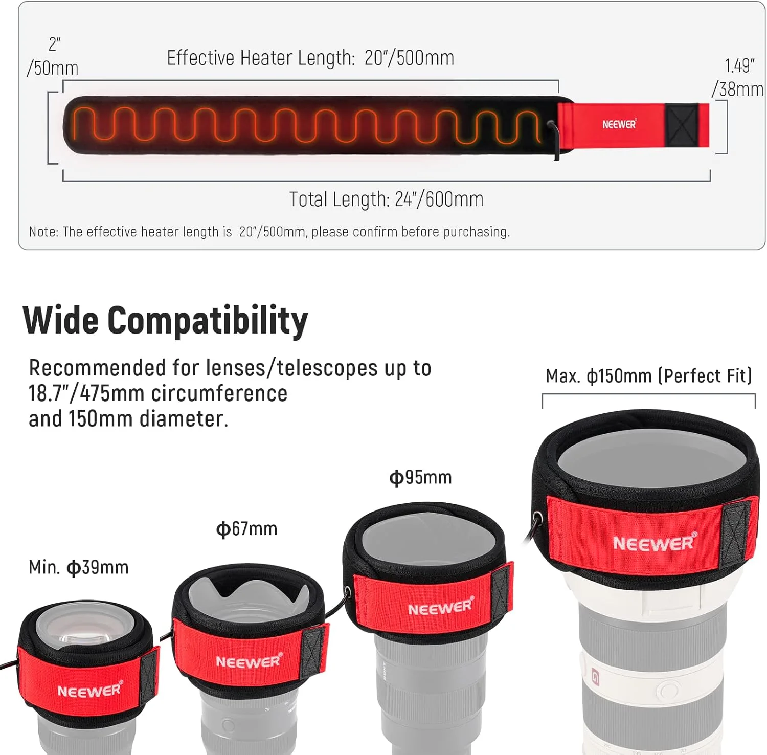 گرمکن لنز USB نیور، گرمکن لنز 500 میلی‌متری/20 اینچی برای دوربین DSLR و تلسکوپ، دارای 3 تنظیمات تنظیم‌کننده دما، نوار گرمکن ضد شبنم از ایجاد شبنم، مه و تراکم برای عکاسی نجومی دوربین تلسکوپ جلوگیری می‌کند