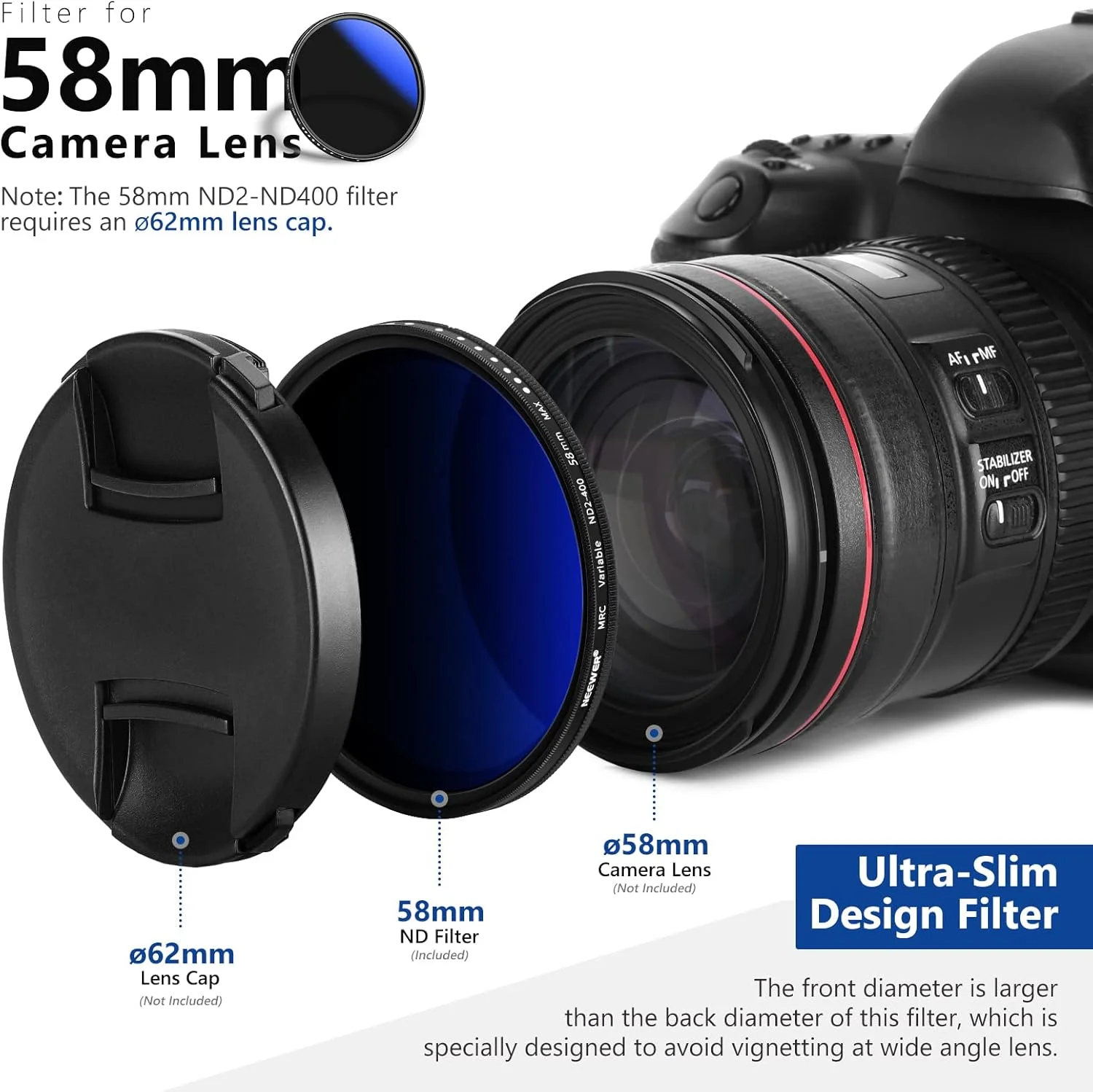 فیلتر ND متغیر NEEWER 58 میلی‌متری ND2-ND400 (1-9 استاپ)، فیلتر چگالی خنثی، پوشش چند لایه، مقاوم در برابر آب و خراش