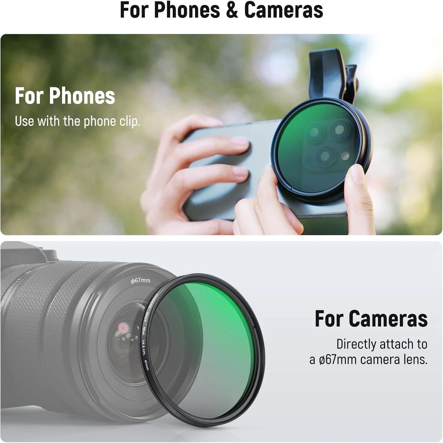 فیلتر 2 در 1 NEEWER 67mm CPL و Black Diffusion 1/4 گیره سازگار با آیفون 16 15 پرو مکس پلاس 16e 14 13 مینی 12، پلاریزه دایره ای برای لنز تلفن، کیت لوازم جانبی عکاسی، FL-B35