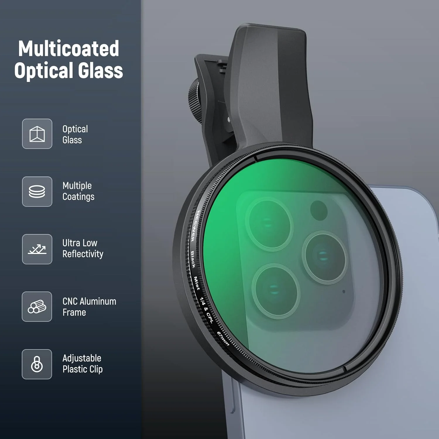 فیلتر 2 در 1 NEEWER 67mm CPL و Black Diffusion 1/4 گیره سازگار با آیفون 16 15 پرو مکس پلاس 16e 14 13 مینی 12، پلاریزه دایره ای برای لنز تلفن، کیت لوازم جانبی عکاسی، FL-B35