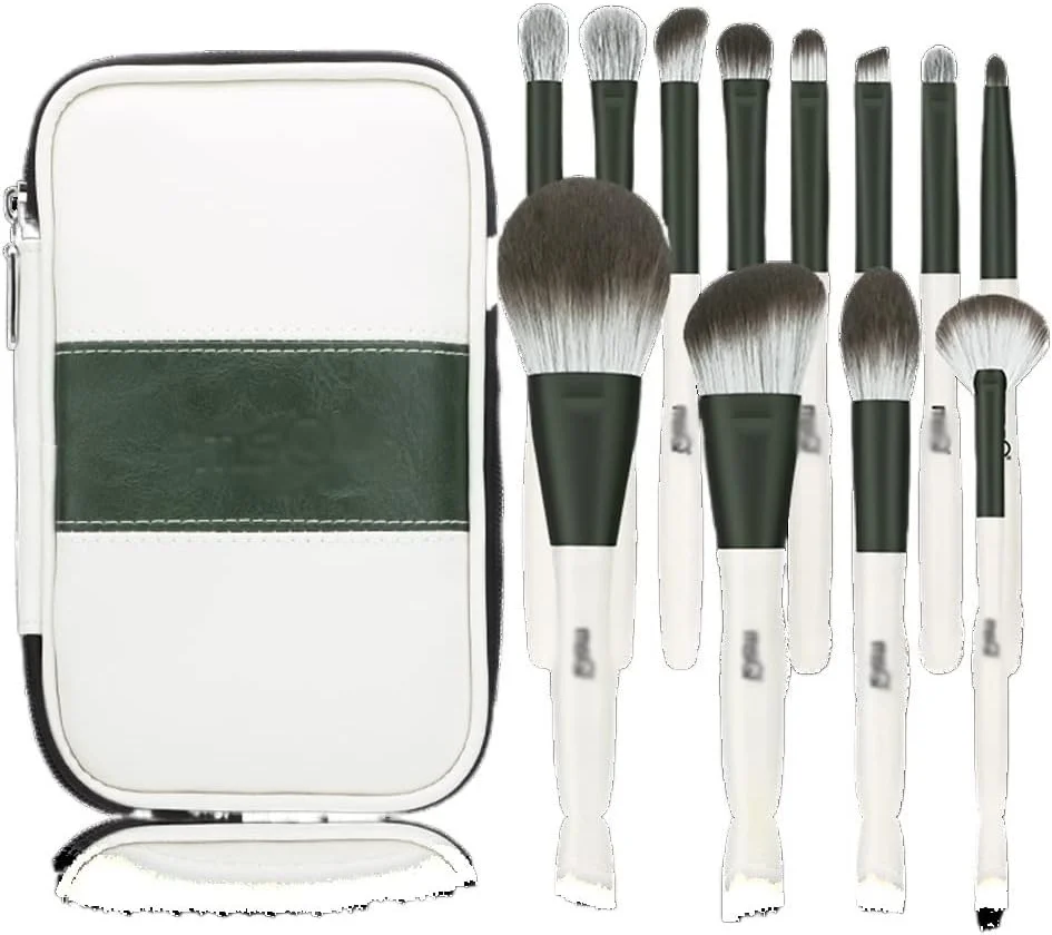 ست براش آرایشی 12 عددی SKipdr شیشه ای سبز، شامل براش پودر فیکس و براش سایه چشم