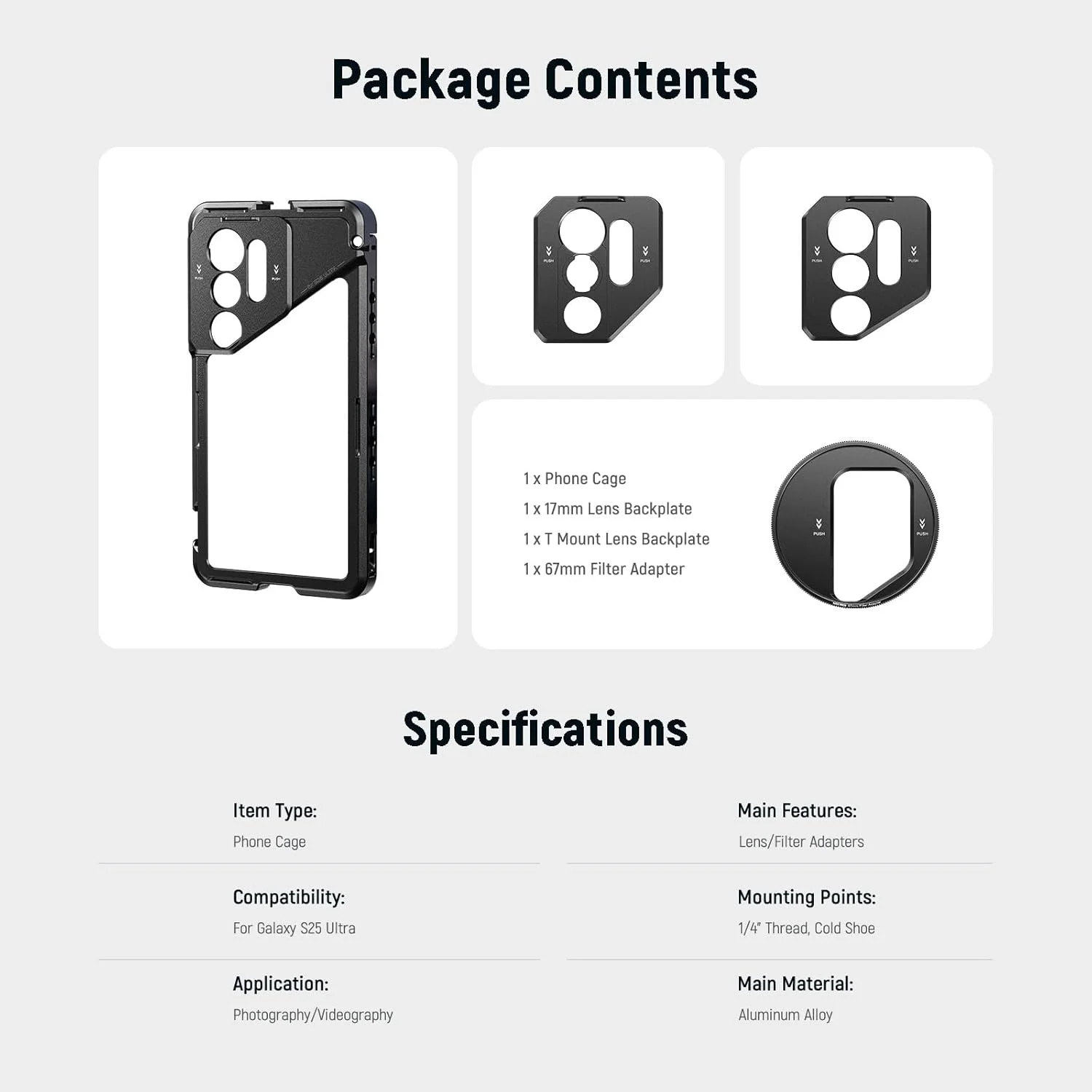 محافظ گوشی NEEWER S25 Ultra، تثبیت کننده ویدئویی موبایل با آداپتور فیلتر 67 میلی متری، صفحه پشتی لنز 17 میلی متری، آداپتور لنز T Mount، سازگار با لنزهای سری Samsung Galaxy Moment T، PA082