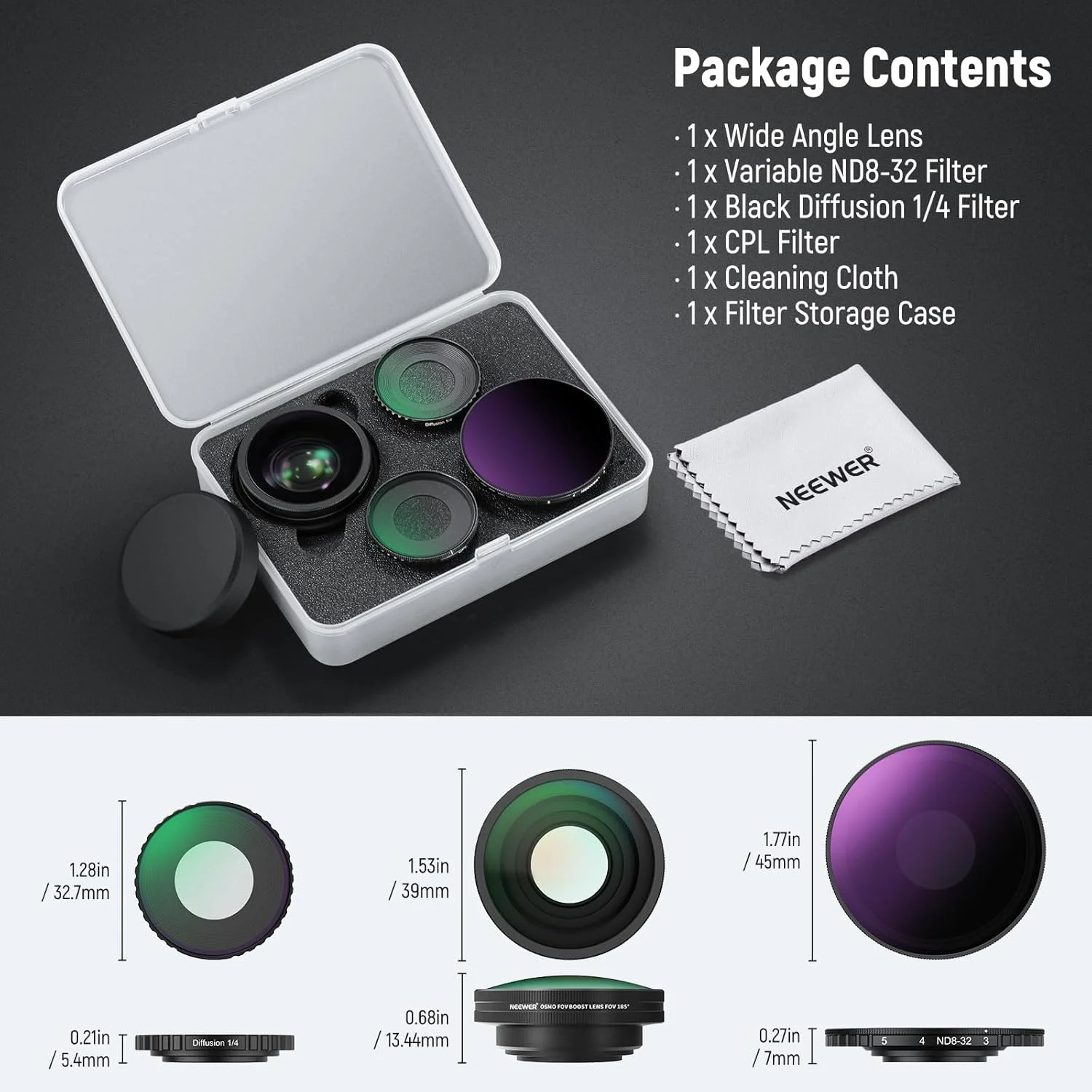 کیت فیلتر ND و لوازم جانبی لنز 4 در 1 NEEWER FL-53 سازگار با DJI Osmo Action 5 Pro/4، متغیر ND8-32 + CPL + Black Diffusion 1/4 + لنز زاویه باز 185 درجه، پیچی، شیشه اپتیکال HD کیت فیلتر ND و لوازم جانبی لنز 4 در 1 NEEWER FL-53 سازگار با DJI Osmo Action 5 Pro/4، متغیر ND8-32 + CPL + Black Diffusion 1/4 + لنز زاویه باز 185 درجه، پیچی، شیشه اپتیکال HD