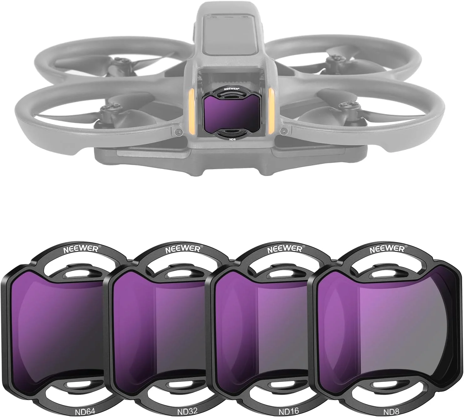 مجموعه فیلترهای ND اسنپ-آن نیور سازگار با DJI Avata 2، بسته 4 عددی فیلترهای کاهنده نور ND8 ND16 ND32 ND64 لنز دوربین، فریم فوق العاده باریک و شیشه HD با پوشش دو طرفه بادوام