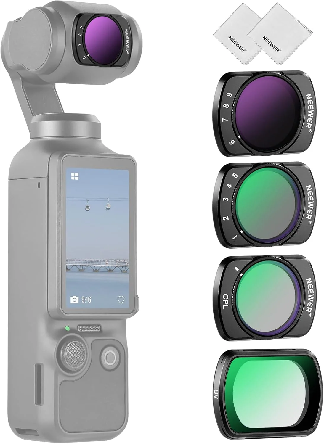 مجموعه فیلتر NEEWER شامل فیلتر ND متغیر، فیلتر پلاریزه CPL و فیلتر UV، سازگار با لوازم جانبی DJI Osmo Pocket 3 Creator Combo، مجموعه 4 عددی فیلتر لنز دوربین اکشن HD ND2-32/ND64-512