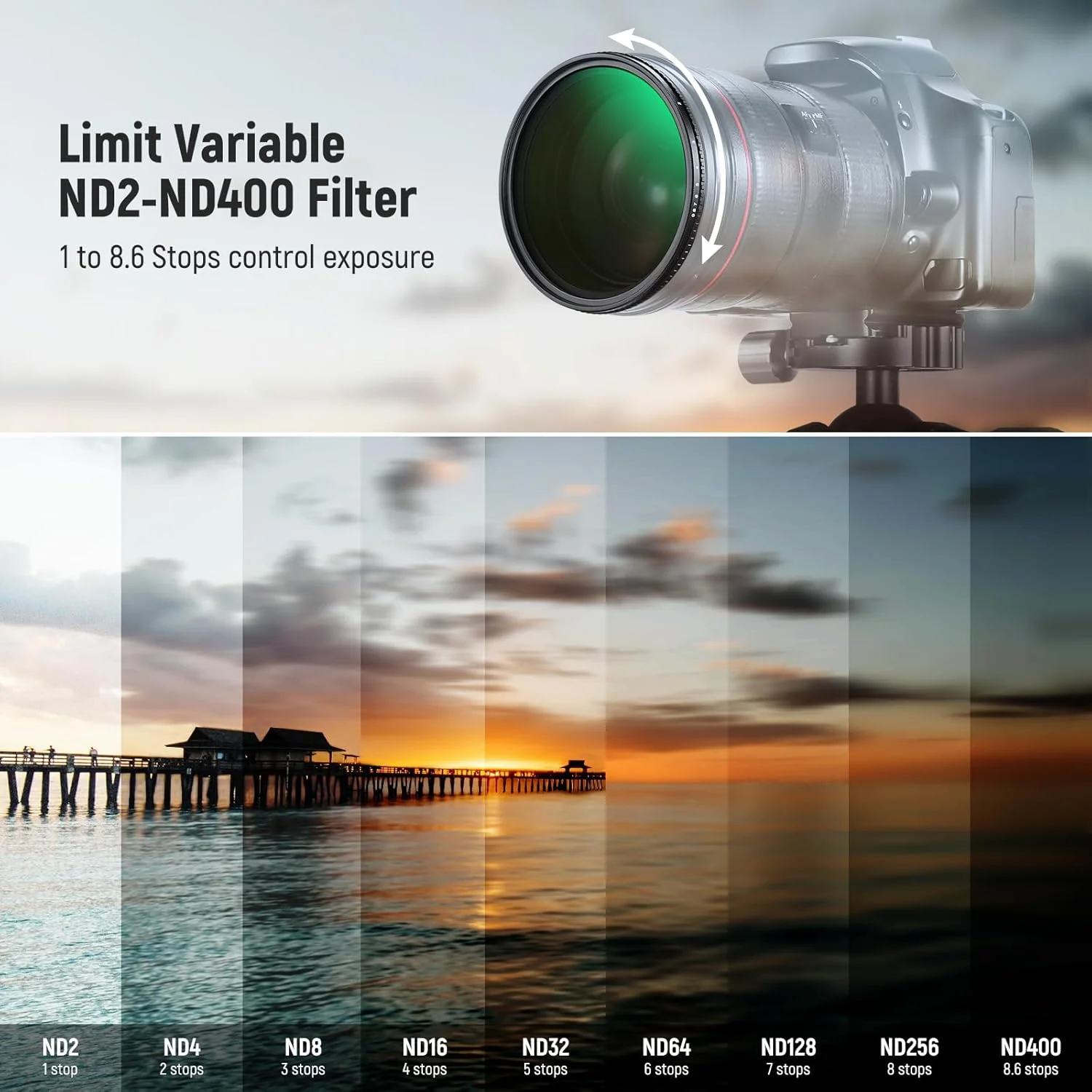 فیلتر ND2-ND400 متغیر رنگ واقعی 82 میلیمتری NEEWER، فیلتر VND با تراکم خنثی قابل تنظیم با توقفهای سخت، دارای شیشه نوری HD چند لایه/فریم آلومینیومی/ضد آب/مقاوم در برابر خش فیلتر ND2-ND400 متغیر رنگ واقعی 82 میلیمتری NEEWER، فیلتر VND با تراکم خنثی قابل تنظیم با توقفهای سخت، دارای شیشه نوری HD چند لایه/فریم آلومینیومی/ضد آب/مقاوم در برابر خش