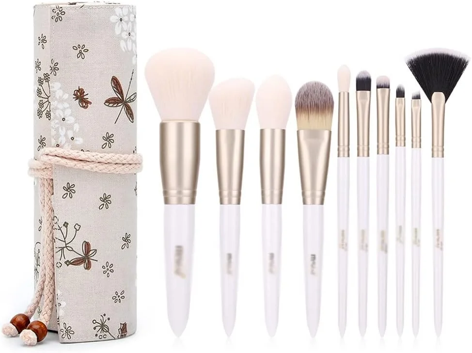 ست 10 عددی برس آرایشی SKipdr، شامل برس کرم پودر، پودر، سایه چشم، ابزار آرایشی سفید صدفی طلایی