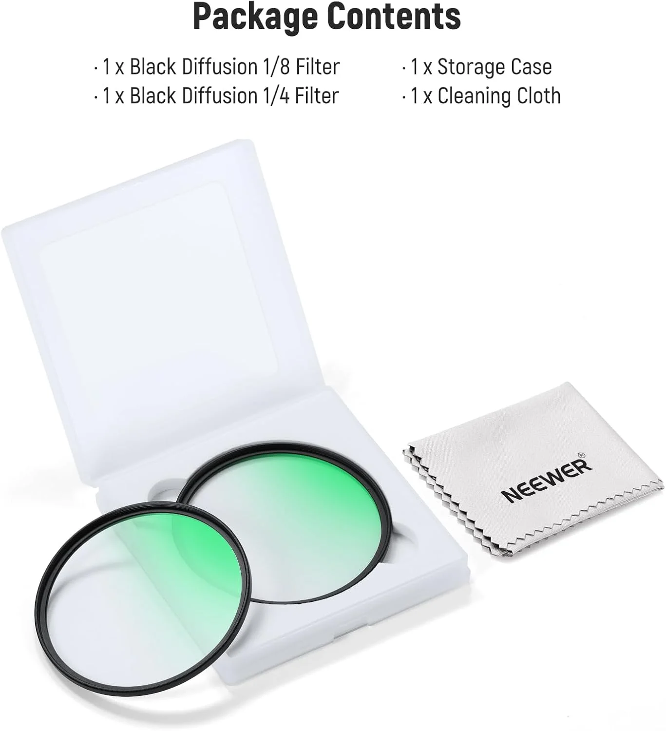 مجموعه دو عددی فیلتر لنز دوربین NEEWER 49mm با پخش کننده سیاه 1/4 و 1/8، فیلتر اثر سینمایی Black Pro Mist، شیشه چند لایه، جعبه نگهداری، پارچه تمیز کننده، برای عکاسی و فیلمبرداری پرتره رویایی و مه آلود مجموعه دو عددی فیلتر لنز دوربین NEEWER 49mm با پخش کننده سیاه 1/4 و 1/8، فیلتر اثر سینمایی Black Pro Mist، شیشه چند لایه، جعبه نگهداری، پارچه تمیز کننده، برای عکاسی و فیلمبرداری پرتره رویایی و مه آلود