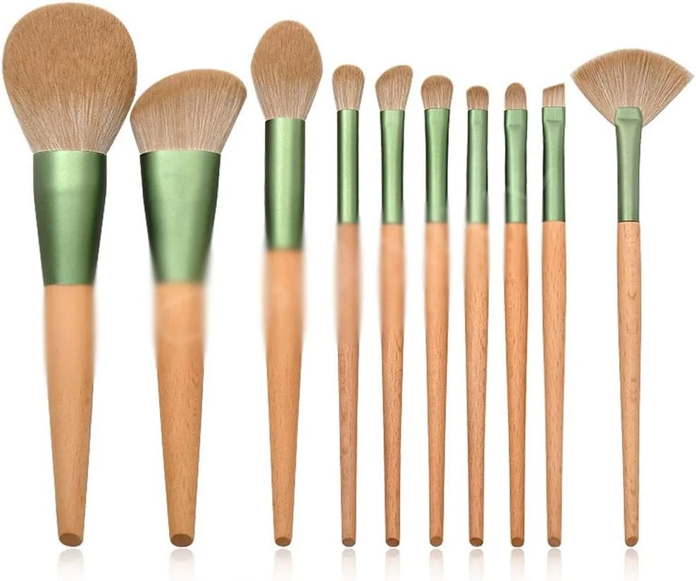 ست برس آرایشی 10 عددی SKipdr با دسته چوبی، شامل برس پودر، سایه چشم، ابرو و ابزار آرایش