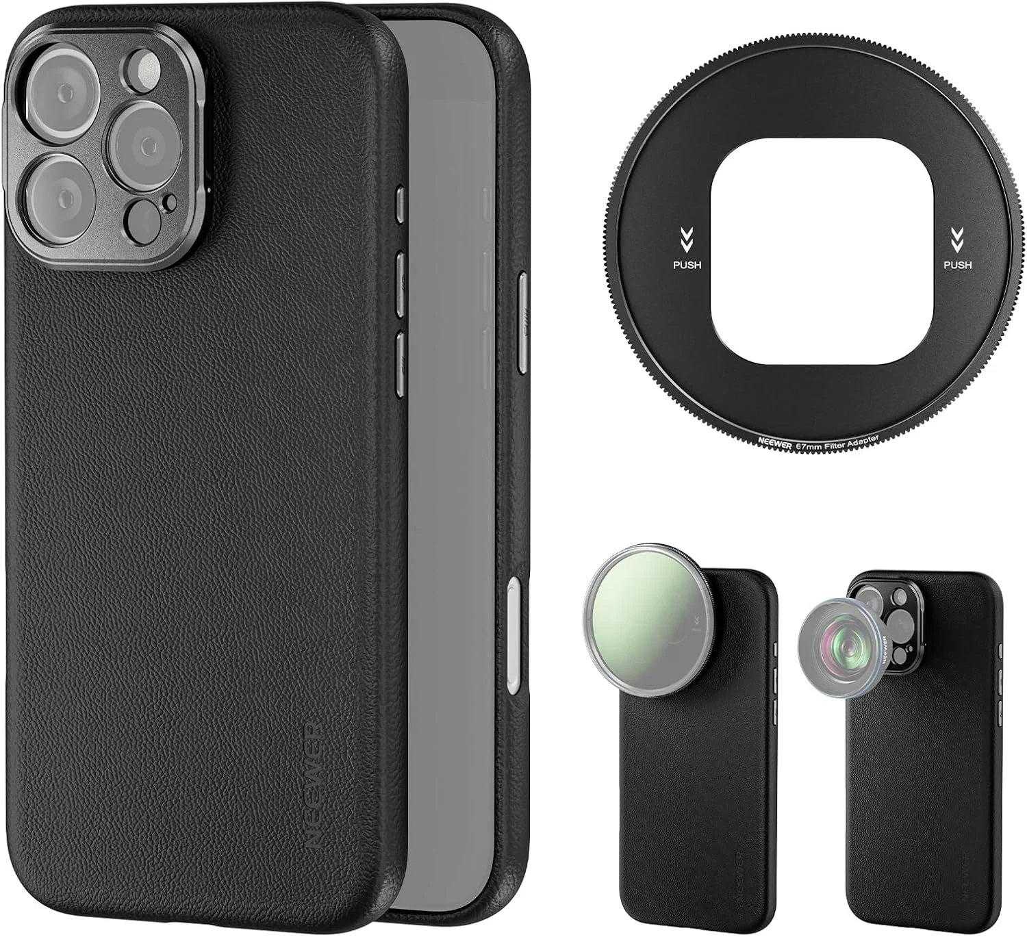 قاب گوشی NEEWER برای 16 Pro Max، قاب محافظ سنگین TPU/PC با مانت لنز 17 میلی‌متری، آداپتور فیلتر 67 میلی‌متری، چرم مصنوعی ضد لغزش، سازگار با iPhone 16 Pro Max MagSafe، مشکی PA084
