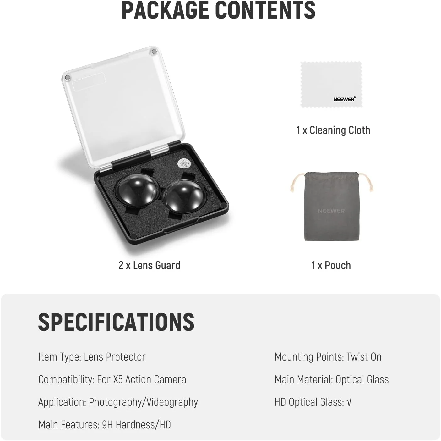 NEEWER X5 Lens Protectors Compatible with Insta360 X5 Action Camera, 2 Pieces, HD Tempered Glass Lens Protectors with 9H Hardness Removable with Case and Cleaning Cloth, LPC02 NEEWER X5 Lens Protectors Compatible with Insta360 X5 Action Camera, 2 Pieces, HD Tempered Glass Lens Protectors with 9H Hardness Removable with Case and Cleaning Cloth, LPC02