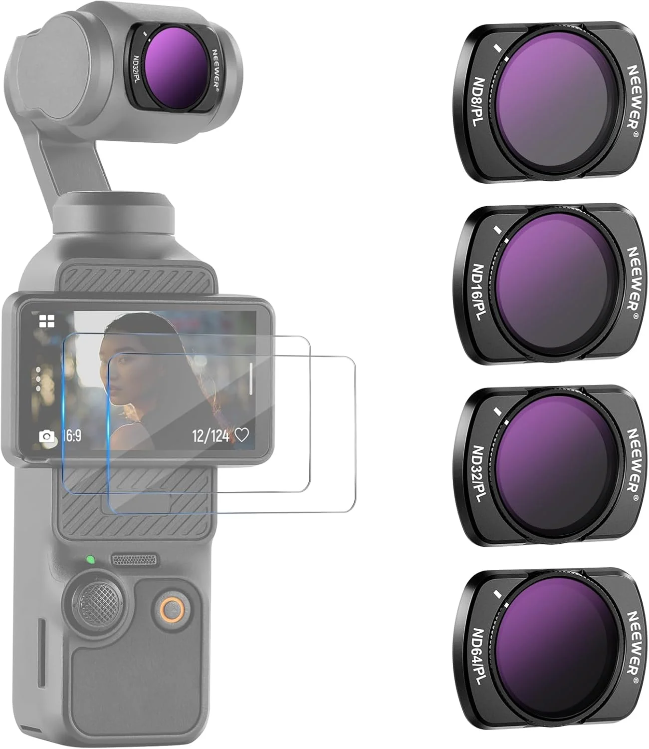 مجموعه فیلترهای مغناطیسی ND/PL نیور سازگار با لوازم جانبی DJI Osmo Pocket 3 Creator Combo، کیت 4 عددی فیلتر دوربین اکشن ND8/PL ND16/PL ND32/PL ND64/PL به همراه 2 محافظ صفحه نمایش لمسی LCD