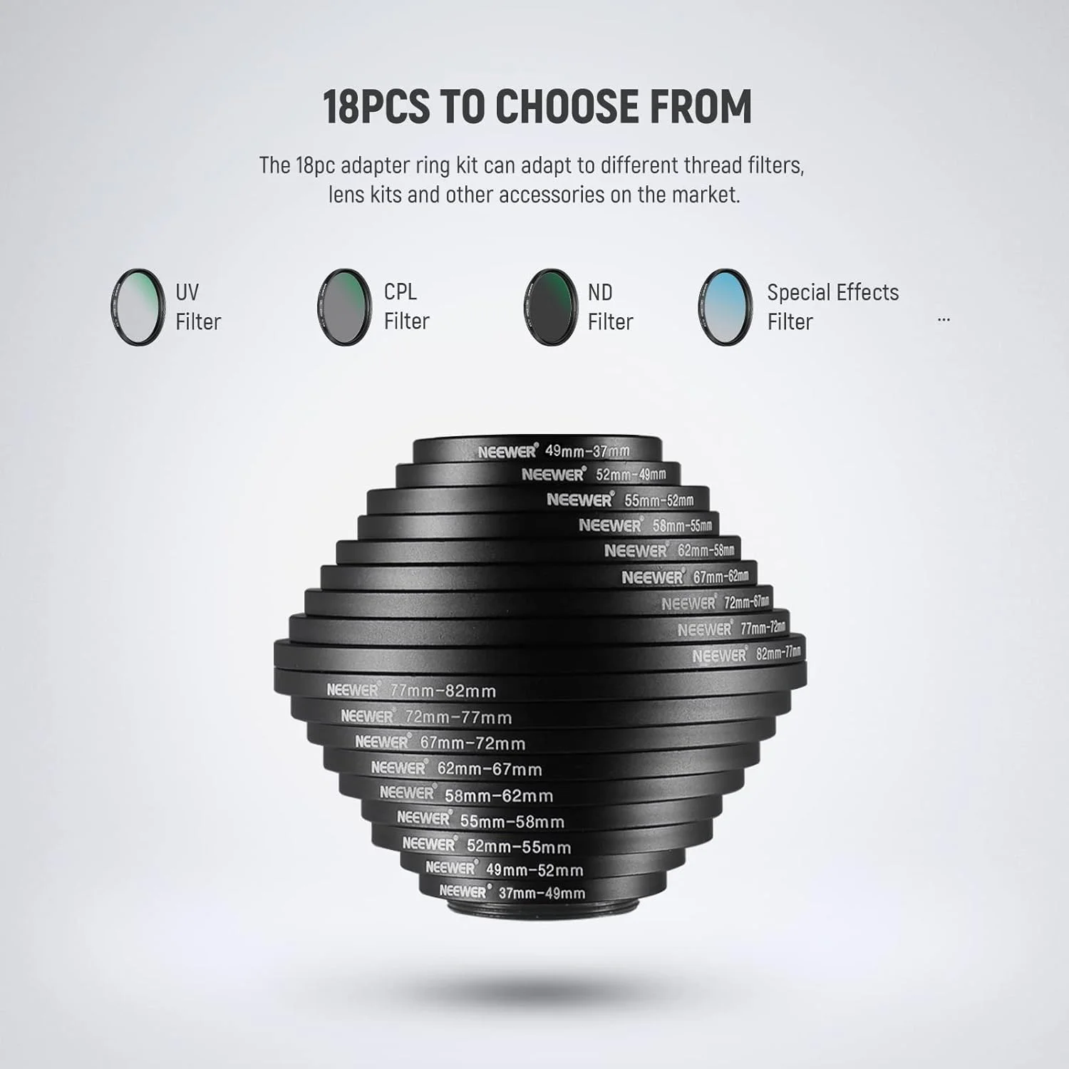 کیت حلقه آداپتور فیلتر لنز دوربین فلزی نیور 18 عددی - 9 عدد حلقه افزایش دهنده و 9 عدد حلقه کاهنده برای دوربین های DSLR کانن نیکون سونی المپوس، مشکی کیت حلقه آداپتور فیلتر لنز دوربین فلزی نیور 18 عددی - 9 عدد حلقه افزایش دهنده و 9 عدد حلقه کاهنده برای دوربین های DSLR کانن نیکون سونی المپوس، مشکی