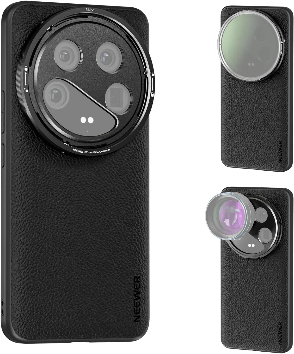 کیف محافظ NEEWER 14 Ultra، کیف محافظ سنگین با شارژ بی سیم، پایه های لنز 17 میلی متری و آداپتور فیلتر 67 میلی متری، چرم مصنوعی TPU + PC، سازگار با Xiaomi 14 Ultra، مشکی PA051