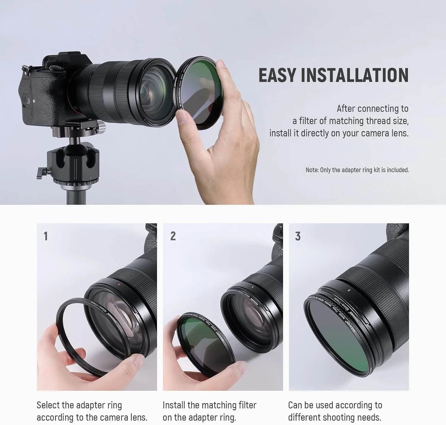 کیت حلقه آداپتور فیلتر لنز دوربین فلزی نیور 18 عددی - 9 عدد حلقه افزایش دهنده و 9 عدد حلقه کاهنده برای دوربین های DSLR کانن نیکون سونی المپوس، مشکی کیت حلقه آداپتور فیلتر لنز دوربین فلزی نیور 18 عددی - 9 عدد حلقه افزایش دهنده و 9 عدد حلقه کاهنده برای دوربین های DSLR کانن نیکون سونی المپوس، مشکی