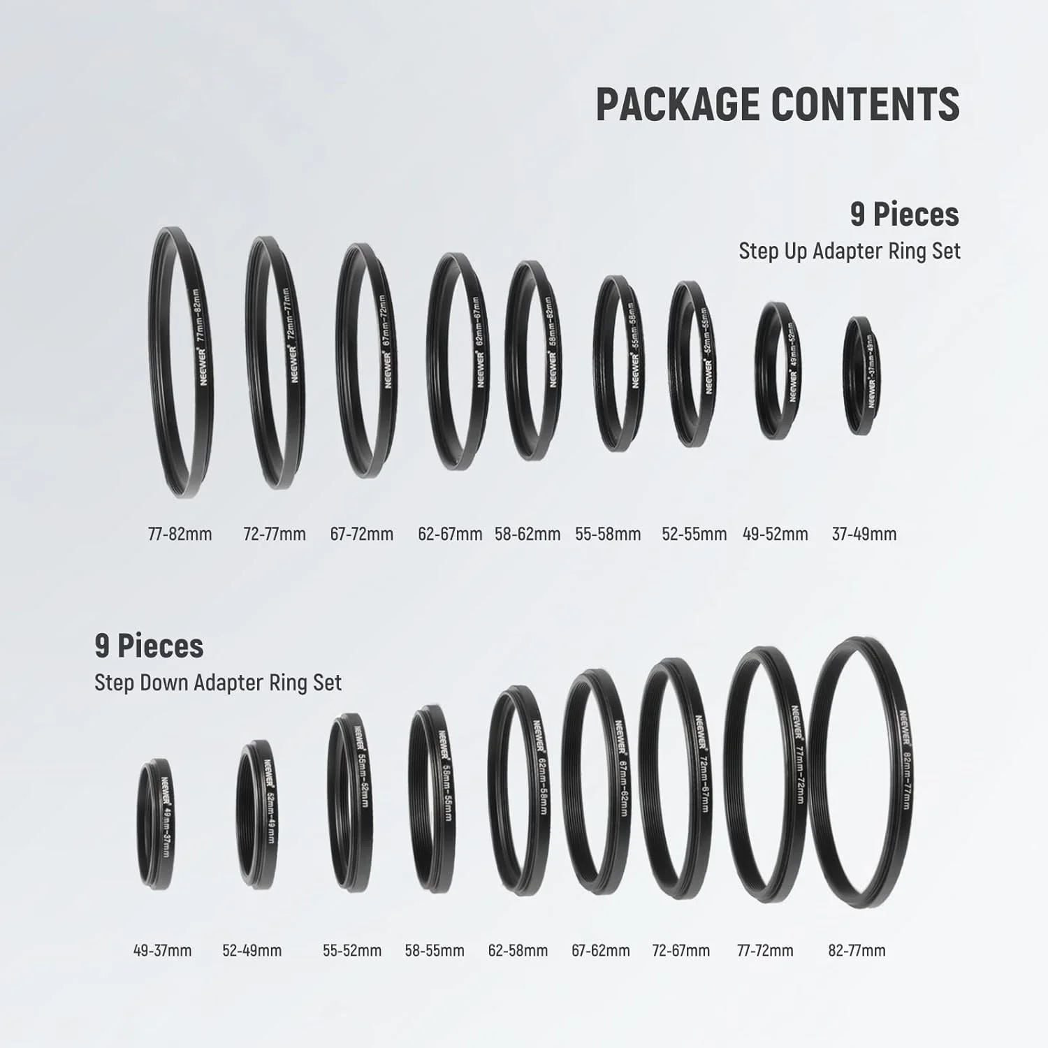 کیت حلقه آداپتور فیلتر لنز دوربین فلزی نیور 18 عددی - 9 عدد حلقه افزایش دهنده و 9 عدد حلقه کاهنده برای دوربین های DSLR کانن نیکون سونی المپوس، مشکی کیت حلقه آداپتور فیلتر لنز دوربین فلزی نیور 18 عددی - 9 عدد حلقه افزایش دهنده و 9 عدد حلقه کاهنده برای دوربین های DSLR کانن نیکون سونی المپوس، مشکی