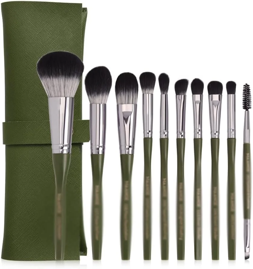 ست برس آرایشی 10 عددی SKipdr با کیف، شامل برس پودر، کرم پودر، سایه چشم، رژ لب، خط چشم، رژگونه، ترکیب کننده و ابزارهای برس آرایشی صورت